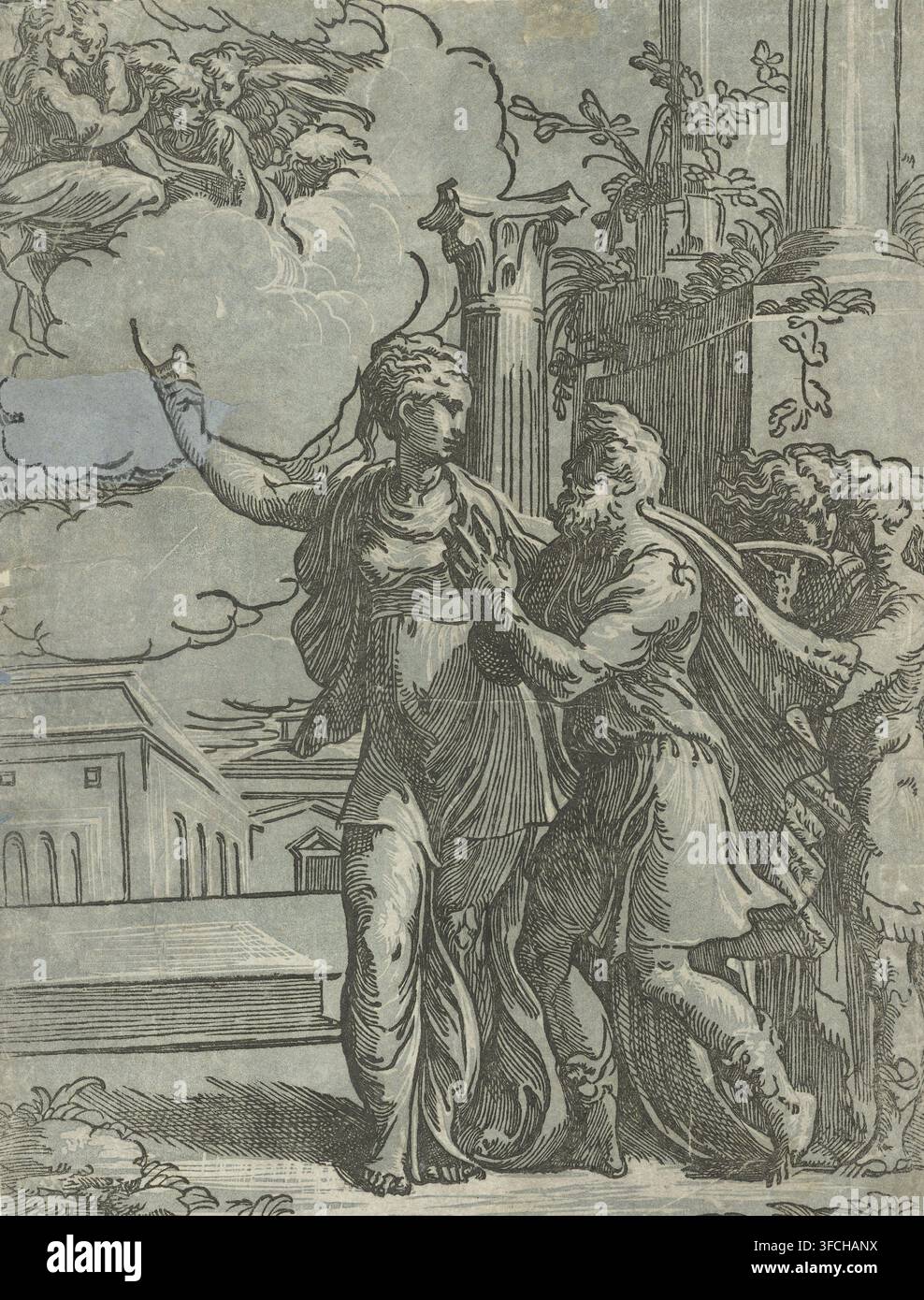 Imperatore Augusto e la Sibilla Tiburtina, stampa, La Sibilla Tiburtina mostra all'Imperatore Augusto l'apparizione di un angelo con Maria e il Bambino Gesù nel cielo. Due uomini a destra come testimoni., stampatore: Antonio da Trento, Italia, dopo disegno di Parmigianino, 1528 - 1530, carta, xilografia chiaroscuro, xilografia chiaroscuro in nero e blu, stampato da un blocco di linea in legno e da un blocco di tono in legno, altezza 346 mm x larghezza 262 mm, Persona, Augusto (Imperatore dell'Impero Romano), la Sibilla Tiburtina e Augusto: la Sibilla rivela all'imperatore una visione della Madonna in cielo, Madonna: Foto Stock