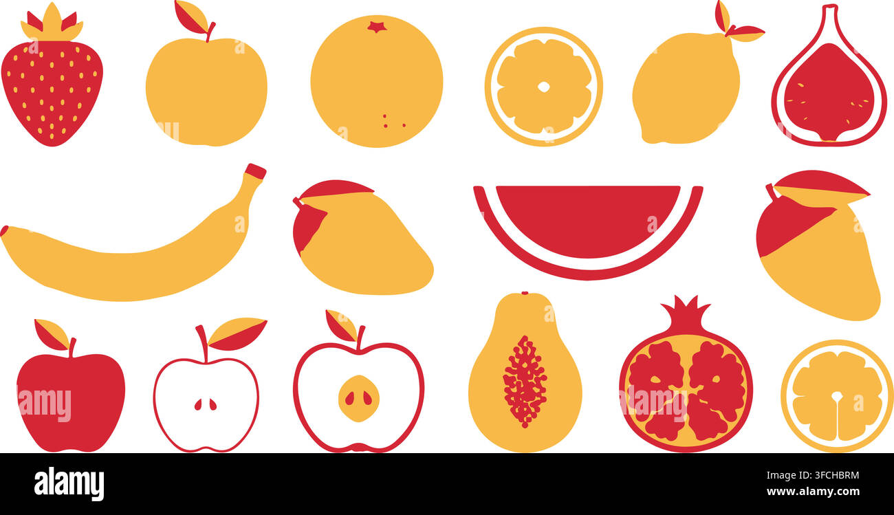 Set di icone di frutta piatte comprendenti fragola, mela, arancia, banana e anguria per menu di cibo sano e design di supermercati. Illustrazione Vettoriale