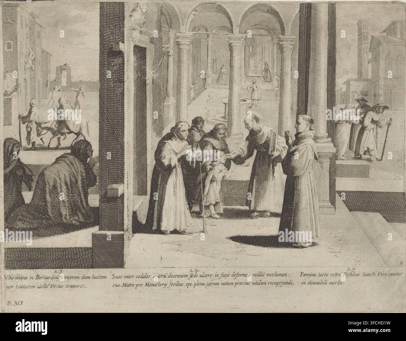 Tre episodi dalla vita di San Bernardino da Siena, La vita di San Bernardino da Siena, stampa, San Bernardino da Siena guarisce un ragazzo che ha dolore al viso (episodio 22). A sinistra, persone che pregano San Bernardino da Siena (episodio 23). In secondo piano a destra Bernardino che guarisce una donna malata (episodio 24)., numero: 'Bild 5425', incisore: Bernardino Capitelli, Italia, dopo disegno di Rutilio di Lorenzo Manetti, 1635, carta, incisione, altezza 210 mm x larghezza 273 mm, Bernardino da Siena, frate francescano, possibili attributi: libro, tavola (disco) con monogramma IHS, tre mitre a Foto Stock
