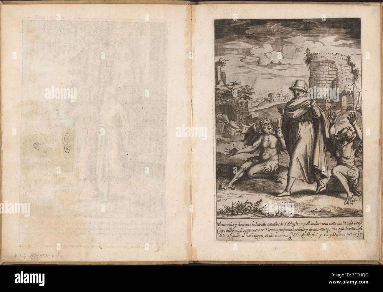Filippo Neri cade da un asino e accompagna San Germano a Roma, Vita di San Filippo Neri, stampa, numero di serie, 1, 44, Due scene dalla giovinezza di Filippo Neri. Da ragazzo cade da un asino ed è protetto da Dio (1522), a diciotto anni va con San Germano a Roma (1531-1532). Stampa n. 1 in una serie di 44 stampe con scene dalla vita di San Filippo Neri., incisore: Luca Ciamberlano, Roma, dopo un disegno di Jacques Stella, 1630 - 1641, carta, incisione, altezza 228 mm x larghezza 150 mm, Personaggio, Filippo Neri, il fondatore della Congregazione dell'Oratorio ( Foto Stock