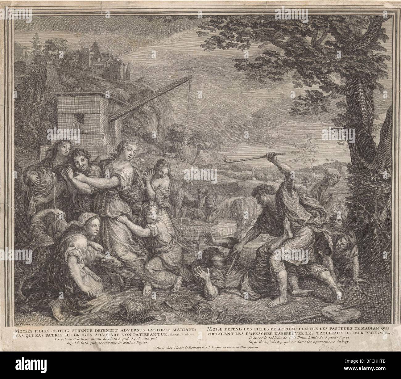 Mosè e le figlie di Reuel (Ietro) al pozzo, stampa, A destra, Mosè accorre in aiuto delle sette figlie di Reuel (Ietro) e scaccia i pastori al pozzo. Il bestiame di Reuel sullo sfondo beve al pozzo., incisore: Simon Henri Thomassin, Parigi, supervisione: Bernard Picart, dopo un dipinto di Charles Le Brun, Francia, editore: Bernard Picart, 1709, Simon Henri Thomassin, Bernard Picart, Charles Le Brun, incisore, supervisione, dopo un dipinto di, editore, carta, acquaforte, incisione, puntinatura, altezza 279 mm x larghezza 319 mm, bestiame, pozzo, Mosè scaccia Foto Stock