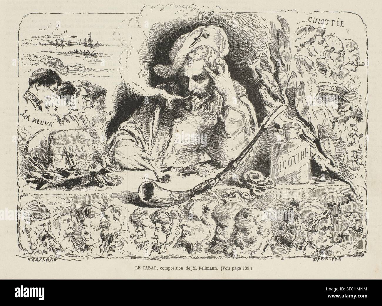 Giacomo il Maggiore in un'allegoria del tabacco, stampa, illustrazione di libro, copia speculare, dopo una stampa di Hendrik Goltzius., incisore: M. Fellmann, Francia, dopo stampa di Hendrick Goltzius, c. 1800 - c. 1900, Hendrick Goltzius, dopo stampa di, carta, grafo tipo, altezza 181 mm x larghezza 241 mm, Leeflang, 2011-06-09, pipa, tabacco, l'apostolo Giacomo il Maggiore, possibili attributi: libro, mantello da pellegrino, cappello, conchiglia, bastone e borsello, rotolo di pergamena, spada (+ variante)., Un'illustrazione dettagliata in bianco e nero mostra un uomo barbuto al centro con un grande cappello e vestiti drappeggiati, che tiene la testa con Foto Stock