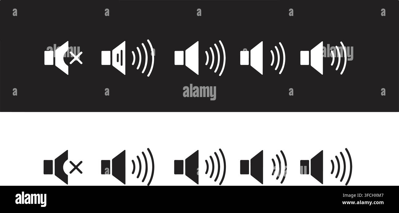 Icone di altoparlante che illustrano i livelli di volume del suono da muto a forte, in varianti scure e chiare. Illustrazione Vettoriale
