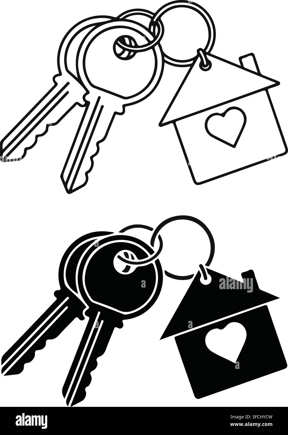 Due set di chiavi di casa con un portachiavi a forma di cuore, ideali per temi immobiliari e di proprietà abitativa. Illustrazione Vettoriale