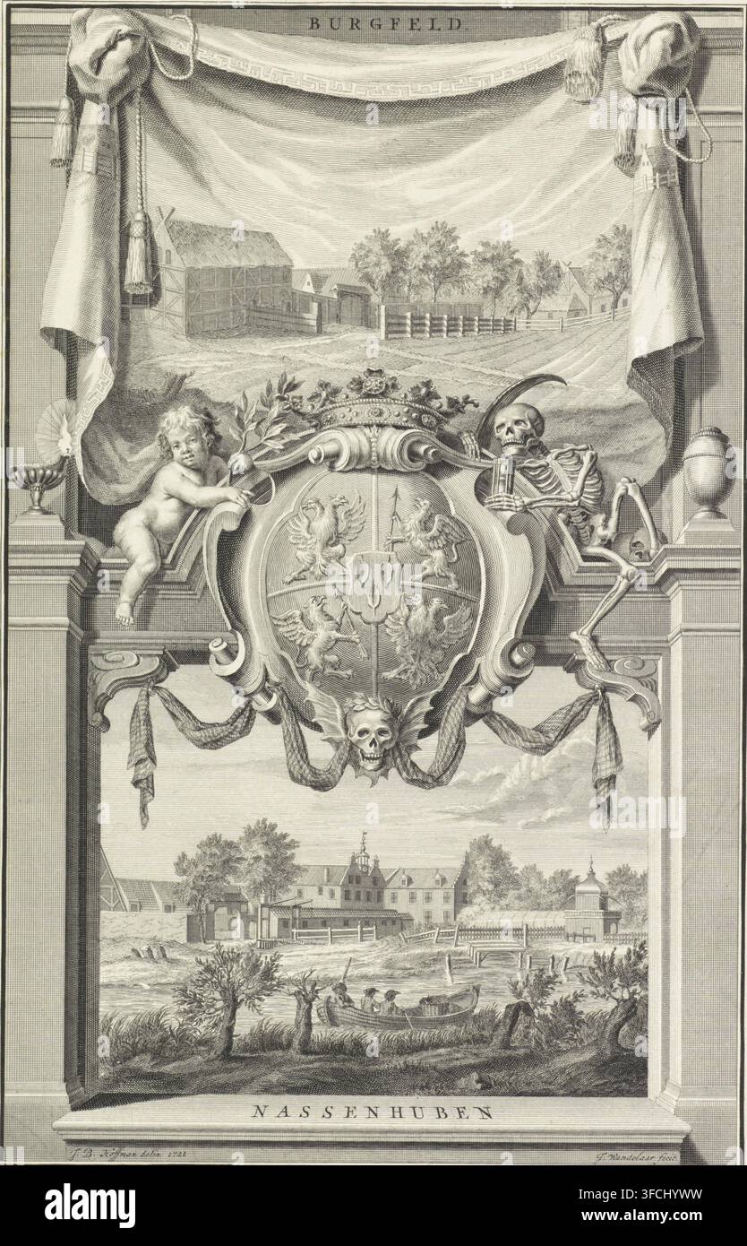 Viste di Burgfeld e Nassenhuben, stampa. In alto è una vista della tenuta di campagna di Burgfeld e in basso una vista della tenuta di campagna polacca Nassenhuben. Al centro c'è uno stemma (familiare) coronato con tre motivi a foglia, due aquile a doppia testa e due grifoni con una freccia. A sinistra si trova un putto con un ramo d'olivo, e a destra è raffigurata la Morte sotto forma di uno scheletro con una falce e un orologio a sabbia. La scena è racchiusa in una cornice architettonica con una tenda a nappe in alto, una lampada a olio a sinistra e un vaso a destra., incisore: Jan Wandelaar, dopo disegno Foto Stock