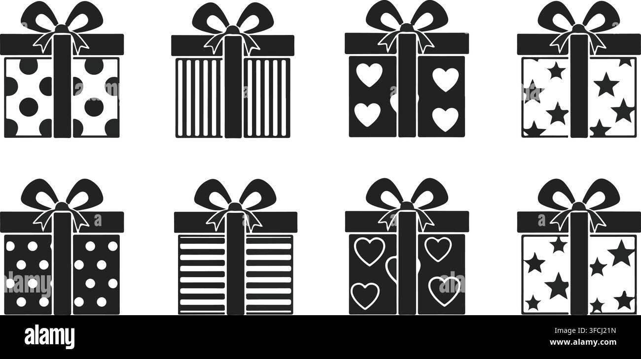 Scatole regalo avvolte decorate con motivi e fiocchi come icone festive per celebrazioni, festività e regali di festa. Illustrazione Vettoriale