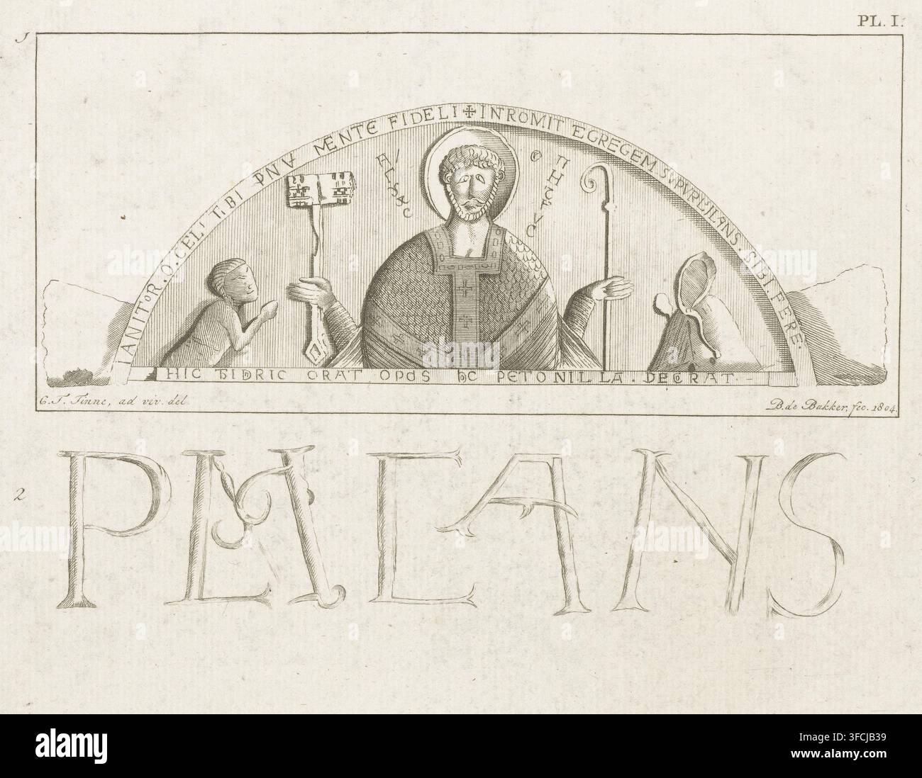 Timpano di Egmond: timpano ad arco con Pietro, Conte Dirk VI di Olanda e sua madre Contessa Petronella, ca. 1120, stampa, rappresentazione di oggetto storico, Conte Dirk VI di Olanda e sua madre Contessa Petronella. Il tutto circondato da iscrizioni latine. La pietra proviene dall'ex abbazia benedettina di San Pietro e San Adelberto a Egmond-Binnen. Sotto la pietra ci sono alcune vecchie lettere. FM colloca le raffigurazioni su questa pietra nell'anno 1009; in realtà, la pietra è stata realizzata ca. 1120., incisore: Barent de Bakker, Paesi Bassi, dopo un disegno di Chrétien Théodore Tinne, Foto Stock