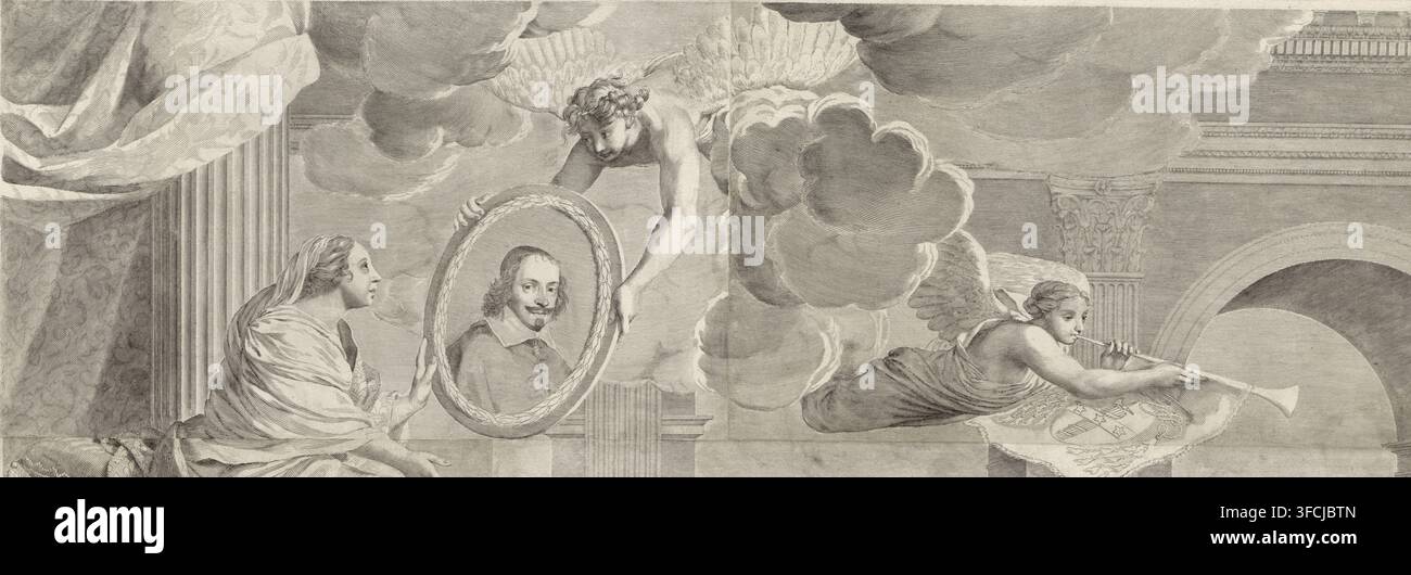 Due parti di stampa promozionale di Antoine Talon, stampa, stampa promozionale, incisore: Claude Mellan, 1608 - 1688, carta, incisione, altezza 0 mm x larghezza 0 mm., Un'incisione in scala di grigi mostra un interno classico con colonne scanalate e drappeggi; a sinistra una donna seduta, vestita, di profilo guarda verso il centro mentre tiene un grande telaio ovale che contiene il ritratto di un uomo con capelli a spalle e baffi e pizzetto; sopra una figura angelica alata si sporge dalle nuvole per regolare il telaio, e a destra un'altra figura alata vola orizzontalmente mentre suona una lunga tromba Foto Stock