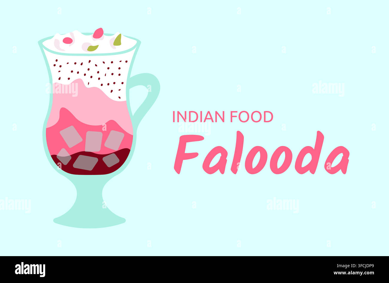 Cibo indiano Falooda. Dessert tradizionale con sabji o semi di chia, latte, sciroppo di rosa e panna. Bevanda dolce fredda in vetro. Piatto pakistano. Pasti per Ra Illustrazione Vettoriale
