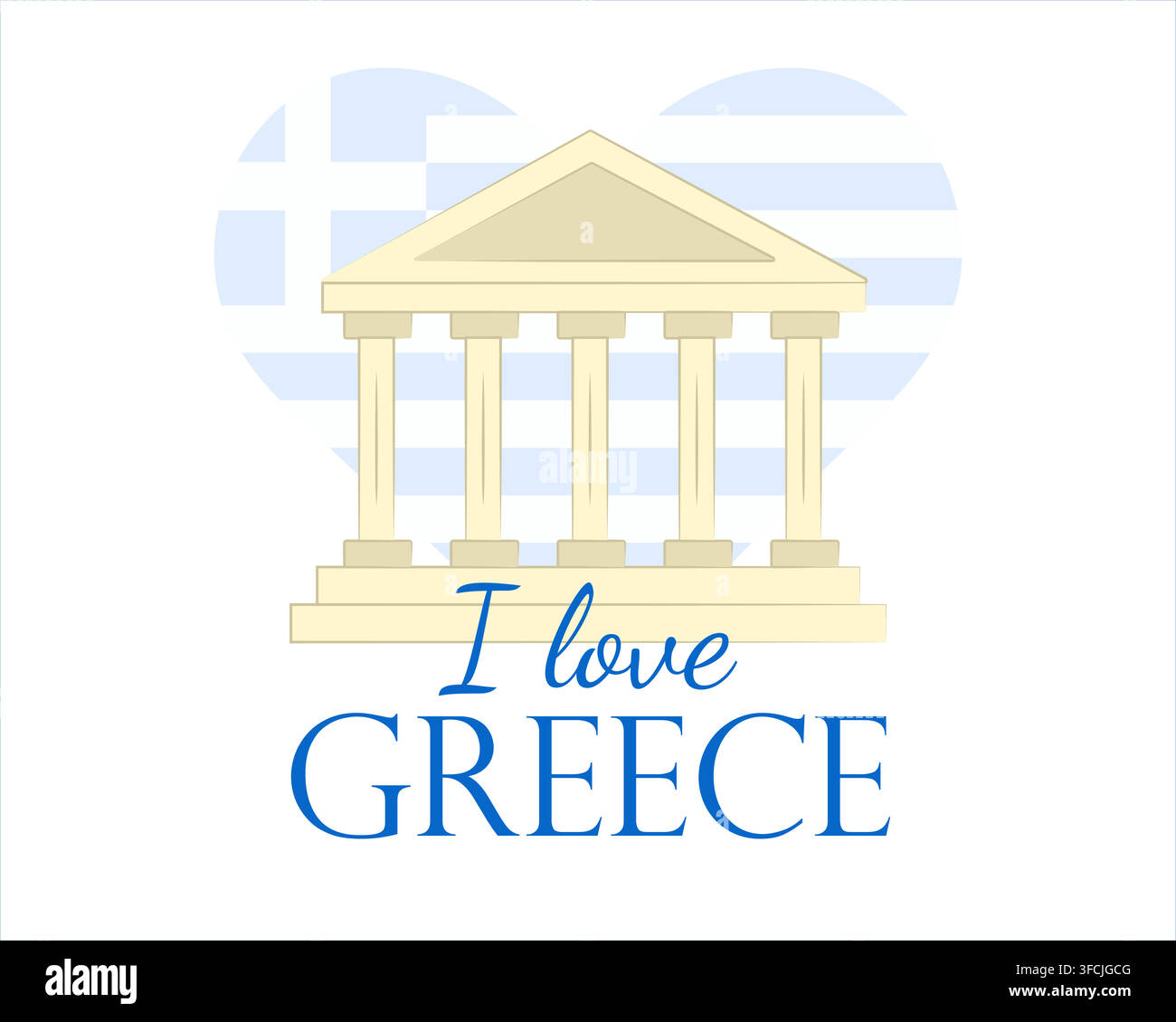 Tempio greco antico con bandiera nazionale a forma di cuore. Testo inglese Amo la Grecia. Architettura antica, attrazione turistica. Bandiera greca. Tempio del Partenone Illustrazione Vettoriale