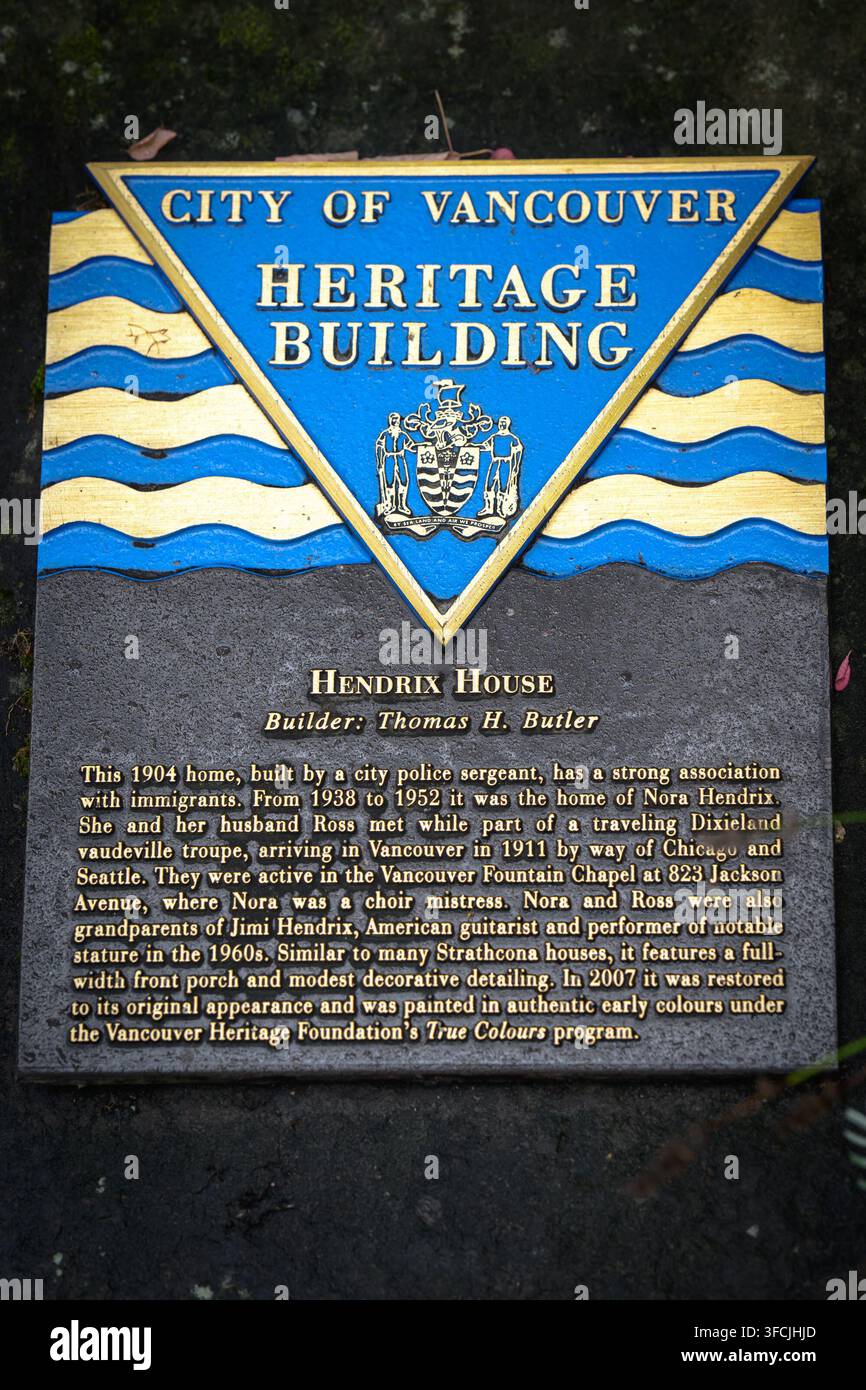 Casa Hendrix, targa del patrimonio nella casa in cui un tempo vivevano i nonni di Jimi Hendrix, Nora e Ross Hendrix, Vancouver, BC, Canada Foto Stock