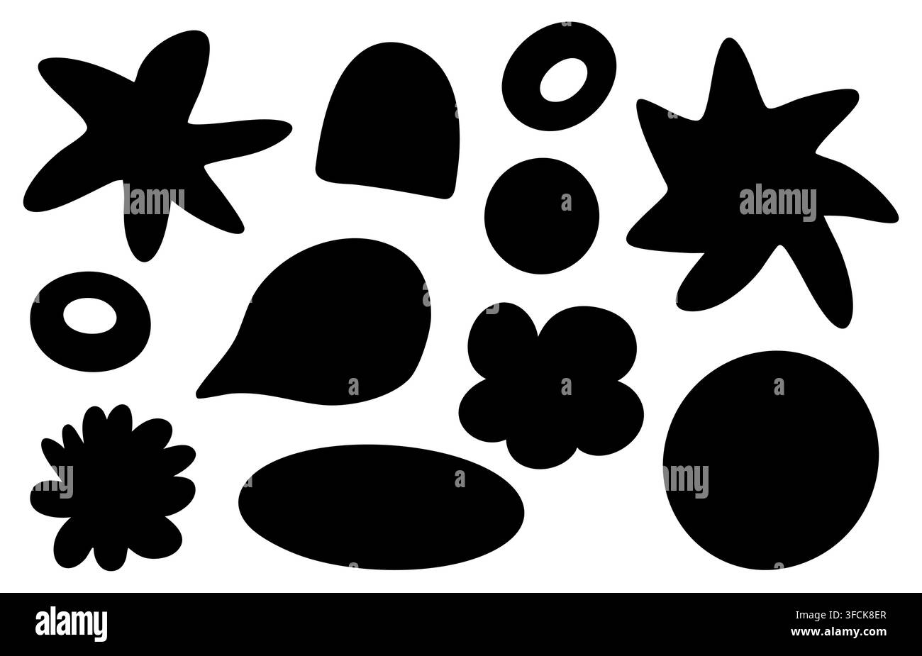 Set di sagome di punti e forme astratte. Raccolta di doodle pieni di bambini. Stelle storte, fiori strani e ciambelle semplici. Cerchio nero Illustrazione Vettoriale