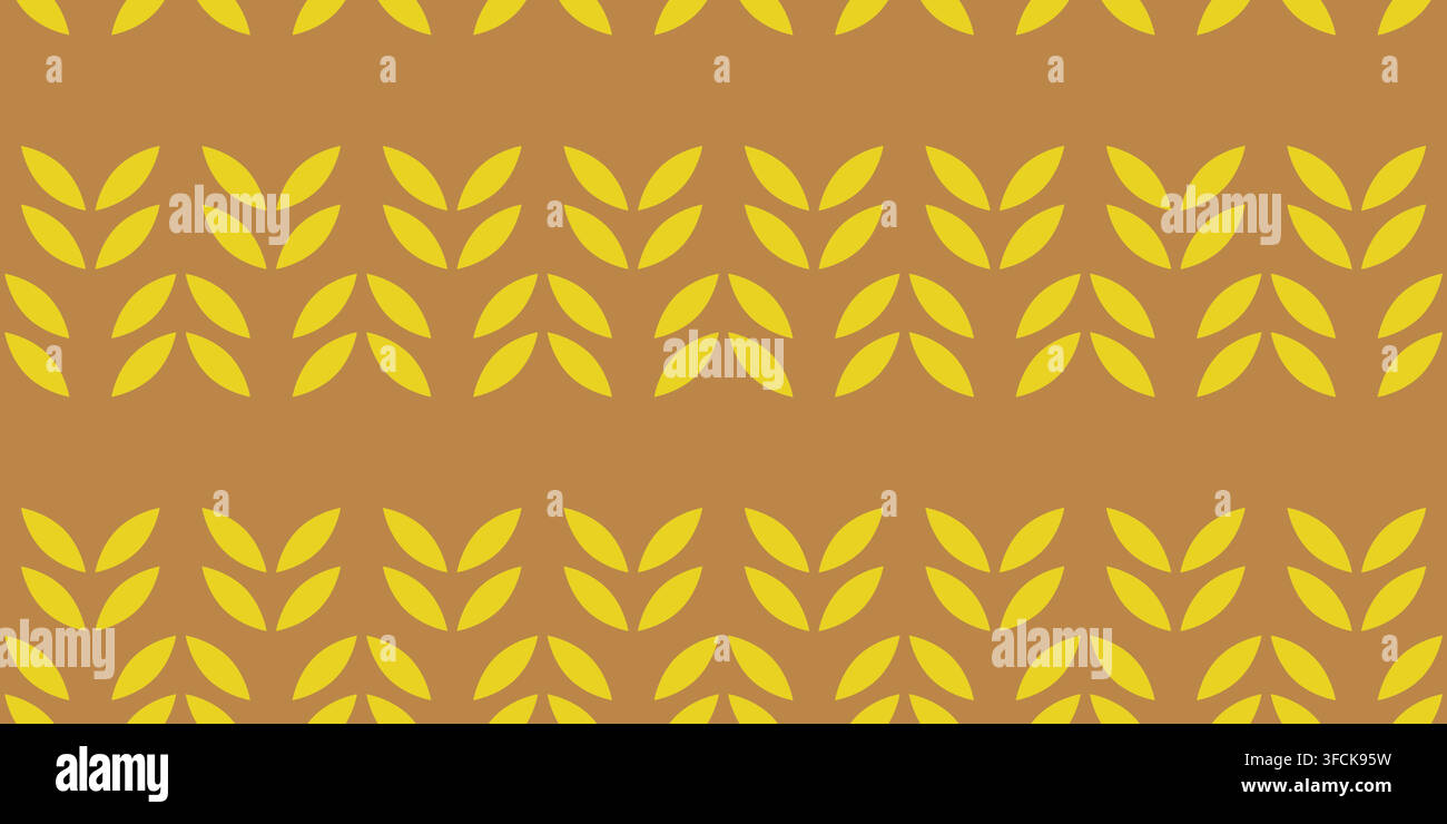 Granelli di grano geometrici. Motivo botanico senza cuciture con foglie gialle su sfondo marrone caldo. Stampa ripetitiva decorativa per imballaggi di farina nei negozi di alimentari Illustrazione Vettoriale