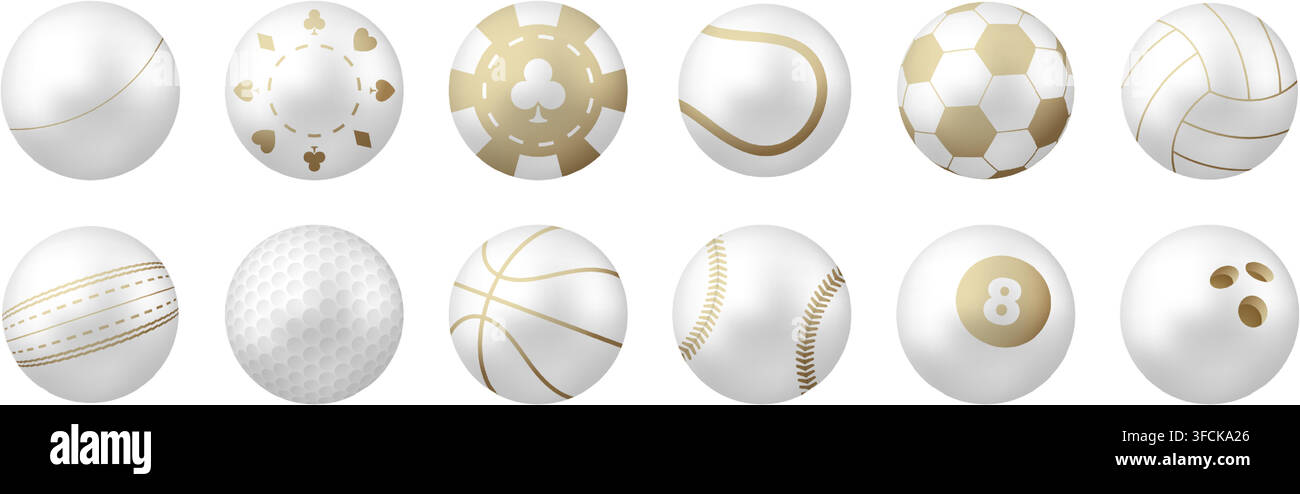 Collezione elegante di palloni sportivi e da gioco bianchi e dorati che rappresentano varie attività atletiche e passatempi ricreativi con un design minimalista lussuoso Illustrazione Vettoriale