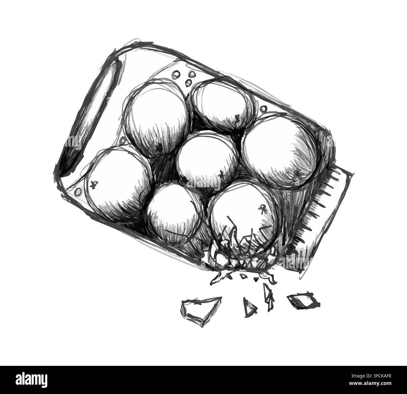 Schizzo a matita di una lattina di conserve che cade. Compota di mele schiacciata disegnata a mano. Sfortuna. Raccolto per l'inverno. Frammenti di vetro. Arte monocromatica artistica o Illustrazione Vettoriale