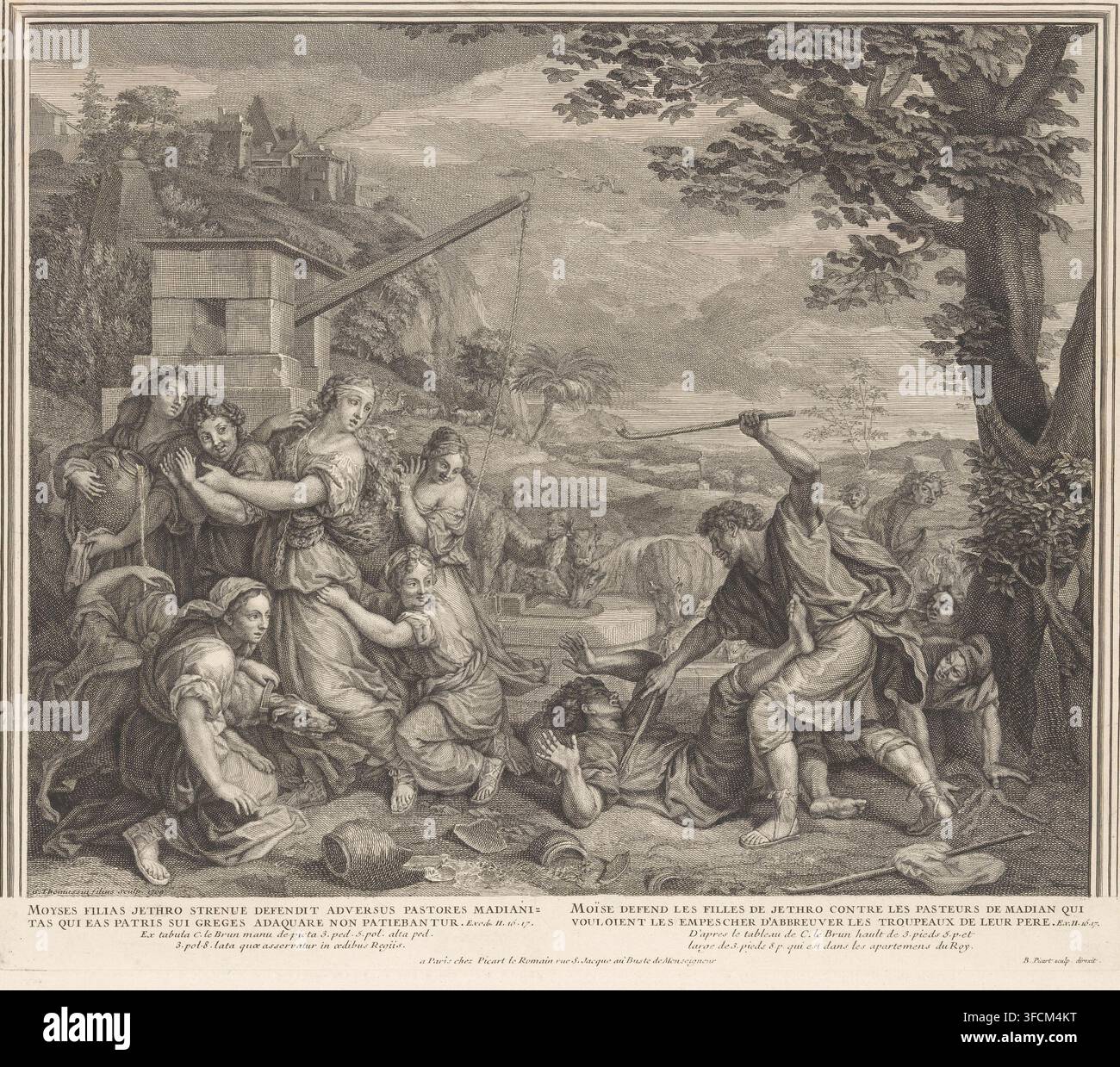 Mosè e le figlie di Reuel (Jetro) al pozzo, stampa, A destra, Mosè accorre in aiuto delle sette figlie di Reuel (Jetro) e scaccia i pastori al pozzo. Il bestiame di Reuel beve in lontananza al pozzo., incisore: Simon Henri Thomassin, Parigi, supervisione: Bernard Picart, dopo un dipinto di Charles Le Brun, Francia, editore: Bernard Picart, 1709, Simon Henri Thomassin, Bernard Picart, Charles Le Brun, incisore, supervisione, dopo un dipinto di, editore, carta, acquaforte, incisione, puntinatura, altezza 276 mm x larghezza 320 mm, bestiame, pozzo, Mosè scaccia Foto Stock