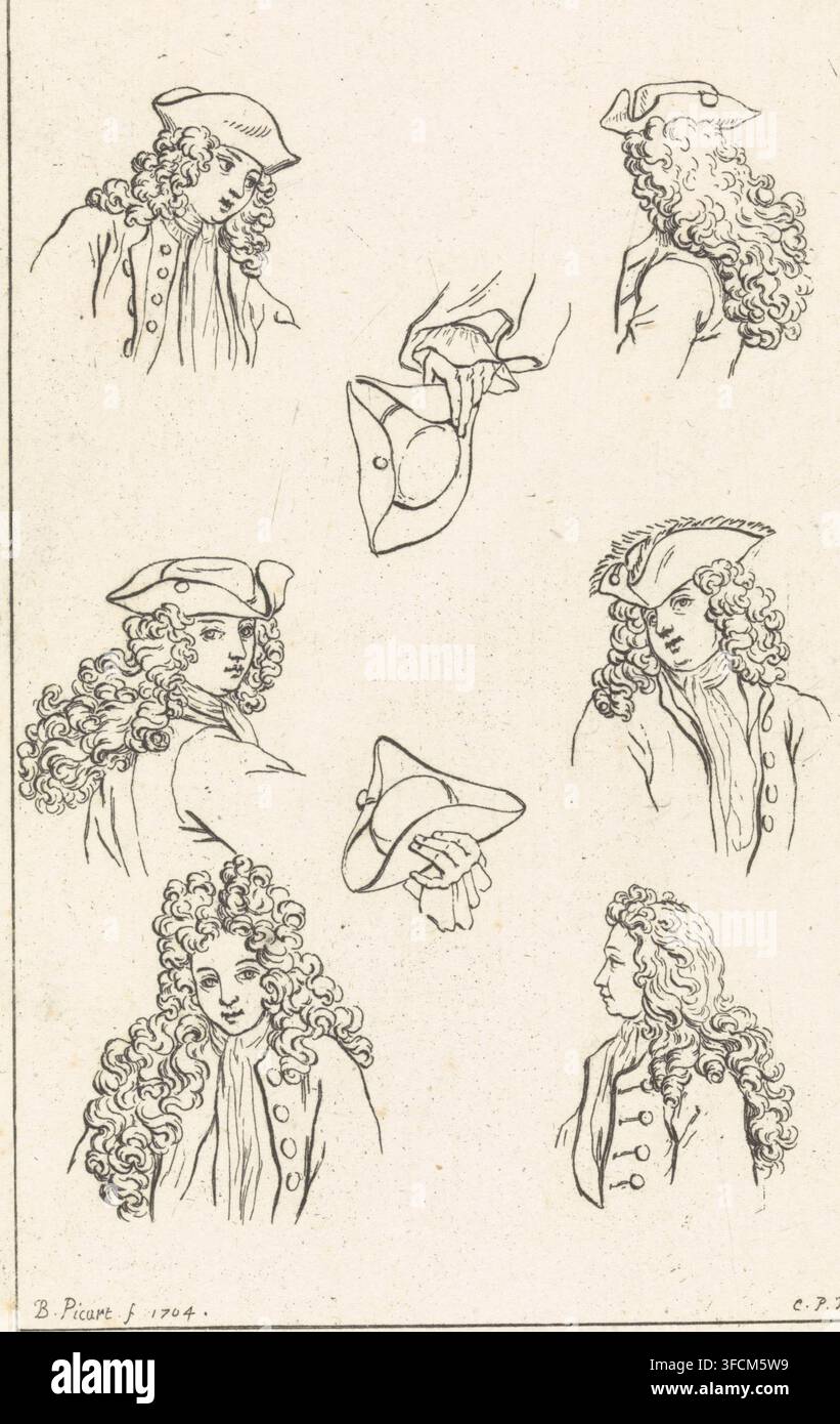 Vari postazioni di teste maschili e modi di indossare un cappello, Fogli di studio con fenomeni di moda, stampa, incisore: Bernard Picart, Parigi, concedente del privilegio: Luigi XIV (Re di Francia), 1704, Bernard Picart, Luigi XIV (Re di Francia), incisore, concedente del privilegio, carta, incisione, altezza 112 mm x larghezza 76 mm, testa (umana), copricapo: tricorno (+ abiti maschili), stili di acconciature (ALLONGE). L'immagine mostra una serie di disegni a tratto di uomini con lunghi capelli ricci che indossano cappotti e cappelli d'epoca, disposti in due colonne verticali su uno sfondo di carta chiara; alcune figure sono mostrate di profilo Foto Stock
