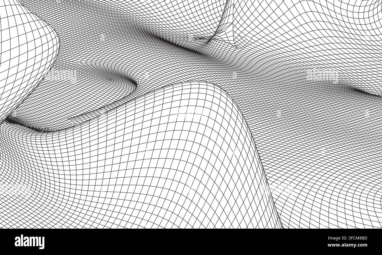 Superficie astratta a filigrana fluida con linee di griglia curve che creano uno sfondo digitale 3D futuristico Illustrazione Vettoriale