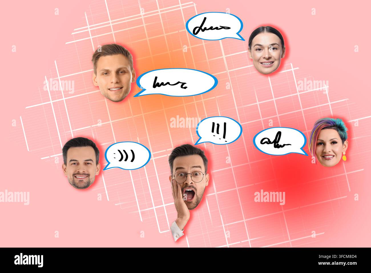 Comunicazione sui social media e interazione online, gruppo diversificato di persone con palloncini del discorso ed emoji su uno sfondo rosa Foto Stock