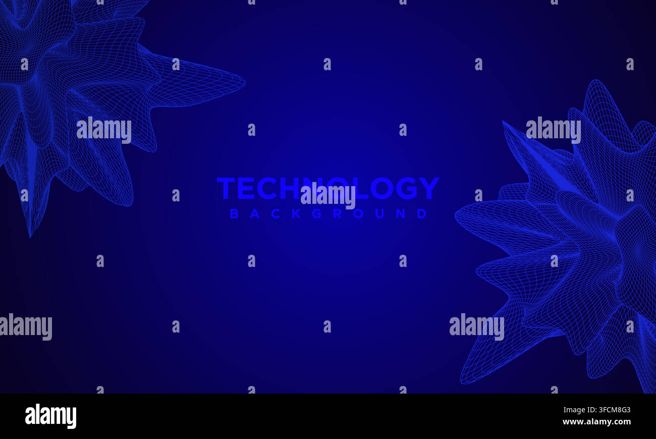 Sfondo tecnologico blu futuristico con forme astratte luminose a filo e tipografia tecnologica centrata Illustrazione Vettoriale