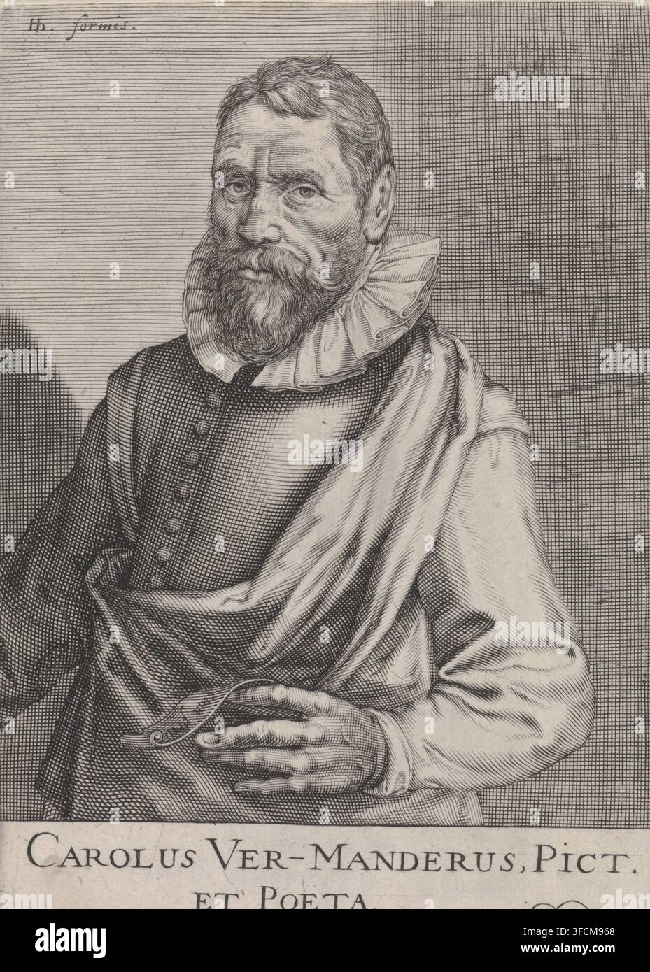 Ritratto di Karel van Mander, Carolus Ver-Manderus, Pict. et Poeta., Pictorum aliquot celebrium praecipuae Germaniae Inferioris effigies, Ritratti di pittori famosi dei Paesi Bassi, stampa, Ritratto a mezza figura rivolto verso sinistra di Karel van Mander. Sotto il ritratto il suo nome in latino. Stampa della parte 2 della serie Pictorum Aliquot Celebrium Praecipuae Germaniae Inferioris Effigies. Serie di 72 ritratti di artisti prodotti da Hendrick Hondius I, Simon Frisius, Andries Jacobsz. Stock e Robert de Baudous., incisore: Andries Jacobsz. Stock, editore: Hendrick Hondius (I), L'Aia, 1610, Foto Stock