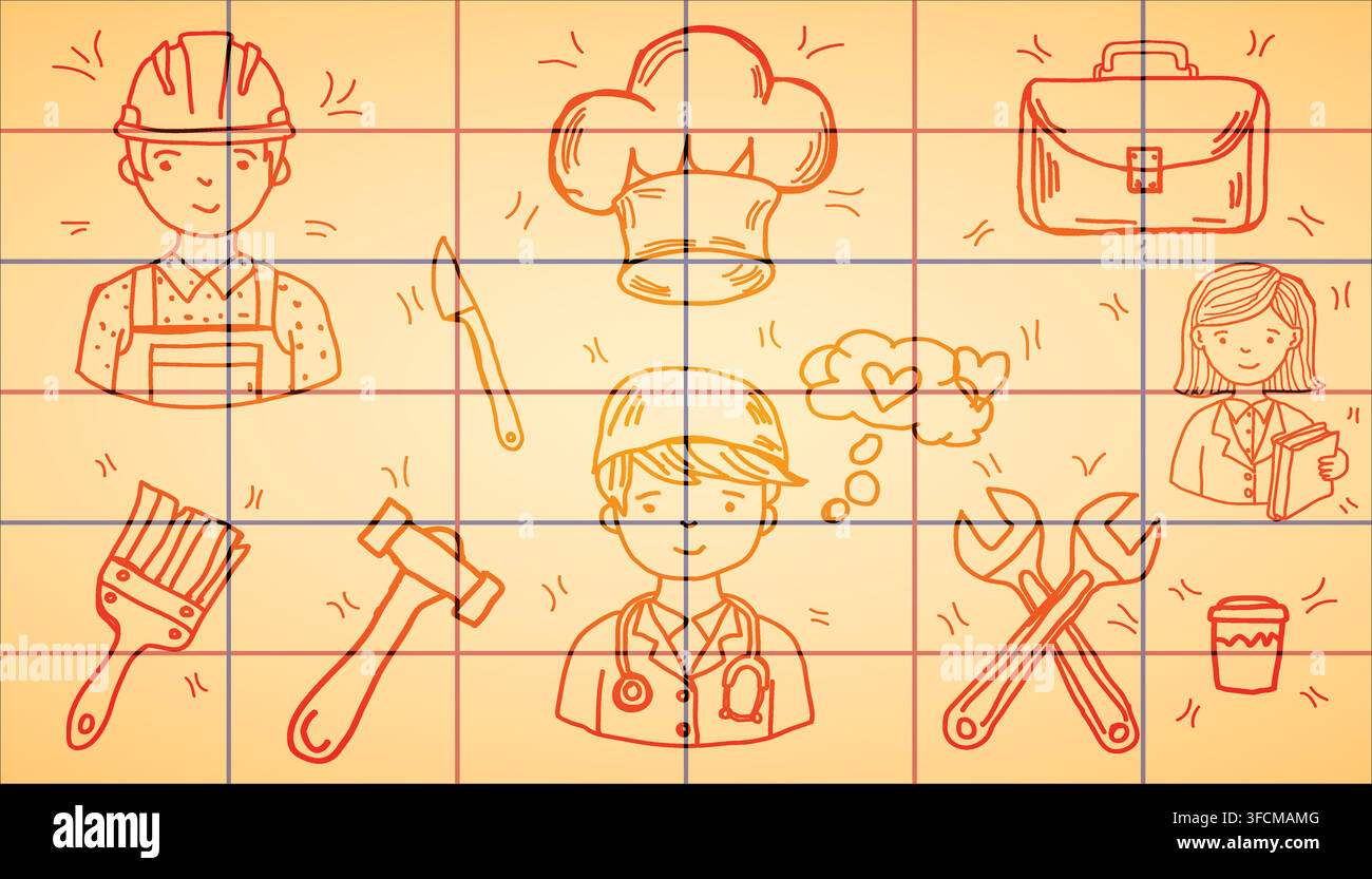 Illustrazione disegnata a mano di professioni diverse con medico, chef, operaio edile e attrezzi su uno sfondo a griglia arancione che simboleggia la scelta della carriera Illustrazione Vettoriale