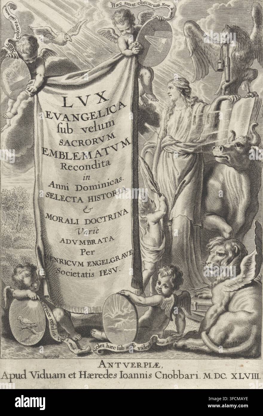 Pagina del titolo per: H. Engelgrave, Lux Evangelica, 1648, Rappresentazione allegorica con i simboli dei quattro Evangelisti, stampa, pagina del titolo, Quattro putti, ciascuno tiene uno scudo con un emblema e un motto, sostengono un drappo su cui sono scritti il titolo e l'autore del libro. Accanto a loro si trova Matteo, che tiene una Bibbia sulla schiena del toro (simbolo di Luca). Un'aquila (simbolo di Giovanni) è posata sulla Bibbia. In primo piano siede un leone alato (simbolo di Marco). Sotto l'immagine l'impronta., incisore: Hendrik Snyers, Anversa, secondo disegno di Jan Thomas, editore: La vedova e gli eredi di Jan Foto Stock