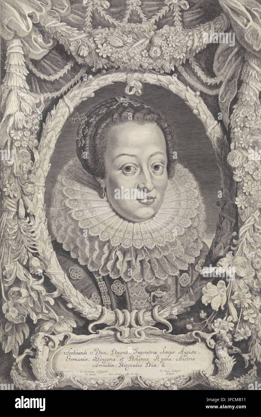 Ritratto di Eleonora Gonzaga, Ferdinandus IIus et IIIus Imperatorum Domus Austriacae, stampa, Ritratto di Eleonora Gonzaga, moglie dell'imperatore tedesco Ferdinando II. Il ritratto è incorniciato da ghirlande floreali. Sotto il ritratto si trova una cartuccia con i suoi titoli in latino., incisore: Pieter van Sompel, su disegno di Pieter Claesz. Soutman, concedente del privilegio: Ferdinando III (imperatore tedesco), 1644 - 1650, carta, incisione, acquaforte, incisione e acquaforte, altezza 408 mm x larghezza 282 mm, Persona, Eleonora Gonzaga (1598-1655)., Un ritratto inciso monocromo di una donna mostrata dal petto in su all'interno di un Foto Stock