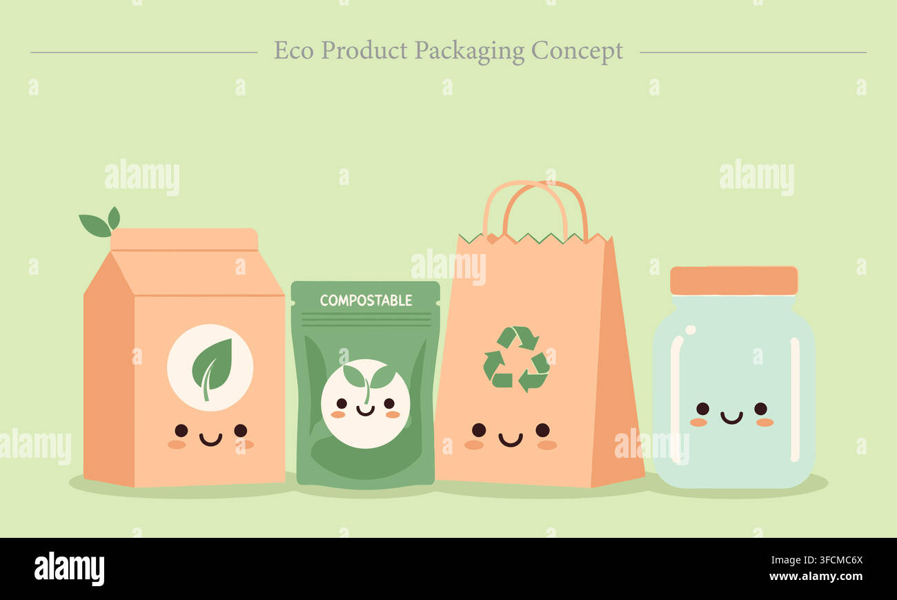 Illustrazione di un concetto di packaging per prodotti ecologici con una scatola di carta sorridente carina, una bustina compostabile, una borsa di carta riciclabile e un vettore di barattolo di vetro Illustrazione Vettoriale