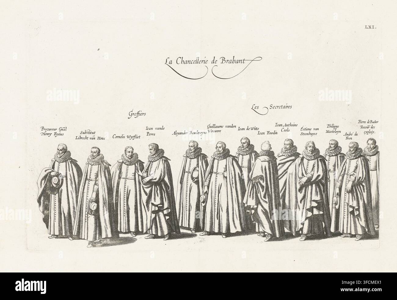Processione funebre dell'Arciduca Albrecht (tavola LXI), 1622, La Chancellerie de Brabant, Funerali dell'Arciduca Albrecht, Pompa funebris optimi potentissimiq. principis Alberti pii, stampa, Partecipanti alla processione funebre. Tavola LXI della serie dei funerali dell'Arciduca Alberto d'Austria a Bruxelles il 12 marzo 1622., incisore: Cornelis Galle (I), Paesi Bassi del Sud, 1623, carta, incisione, altezza 235 mm x larghezza 361 mm, Persona, Alberto Arciduca d'Austria, corteo, processione funebre, Funerali di Alberto d'Austria, Bruxelles, Periodo, 1622-03-12., Un'ampia incisione seppia che mostra una fila Foto Stock