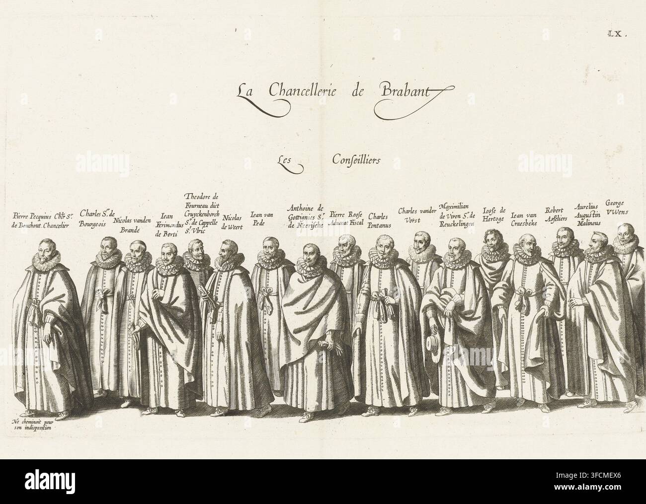 Processione funebre dell'Arciduca Albrecht (tavola LX), 1622, La Chancellerie de Brabant, Funerale dell'Arciduca Albrecht, Pompa funebris optimi potentissimiq. principis Alberti pii, stampa, Partecipanti alla processione funebre. Tavola LX della serie del funerale dell'Arciduca Alberto d'Austria a Bruxelles il 12 marzo 1622., incisore: Cornelis Galle (I), Paesi Bassi meridionali, 1623, carta, incisione, altezza 233 mm x larghezza 355 mm, Persona, Alberto Arciduca d'Austria, corteo, processione funebre, Funerale di Alberto d'Austria, Bruxelles, Periodo, 1622-03-12., Un'ampia incisione in bianco e nero che mostra un Foto Stock