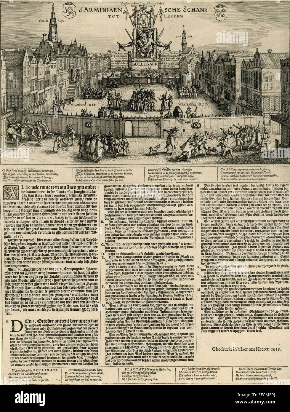 d'Arminiaensche Schans tot Leyden, Il ridotto arminiano a Leiden, 1618, stampa, Foglio con un'illustrazione e una descrizione del ridotto arminiano a Leiden. Il ridotto fu eretto il 5 ottobre 1617 nella Breestraat vicino al municipio per proteggere il consiglio di tendenza remonstrante e i mercenari. La stampa è probabilmente una copia di una stampa precedente con versi francesi (vedi FM 1327), ma è anche possibile che questa lastra sia l'originale. Sopra il ridotto è stato aggiunto un elemento allegorico intitolato 'd'Arminiaensche Bulleback'. Sotto l'illustrazione, in tre colonne, c'è una descrizione del Foto Stock