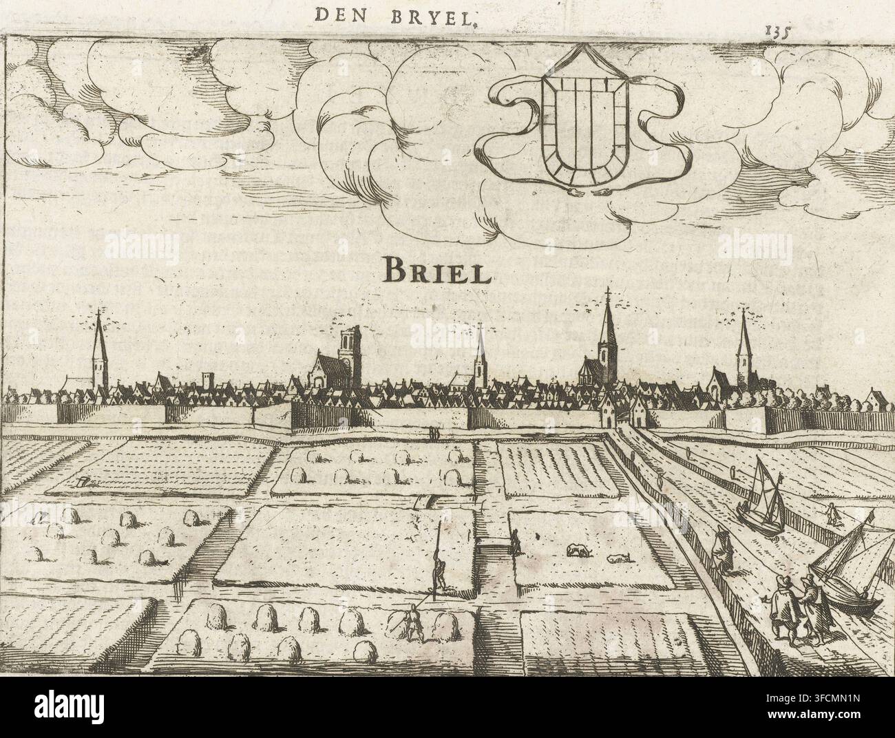 Vista di Den Briel, 1572, Den Bryel, Briel, stampa, prati in primo piano, dietro di loro il profilo della città. Lo stemma della città tra le nuvole. Il retro stampato con una descrizione della città e la cattura in olandese., incisore, Paesi Bassi settentrionali, carta, incisione, altezza 142 mm x larghezza 199 mm, veduta della città, panorama urbano, silhouette della città, Cattura di Den Briel (1572), Brielle, Periodo, 1572-04-01., Un ampio paesaggio inciso che mostra una città murata all’orizzonte con numerosi tetti a punta e diversi alti campanili che si ergono sopra gli edifici, un cancello fortificato e Foto Stock