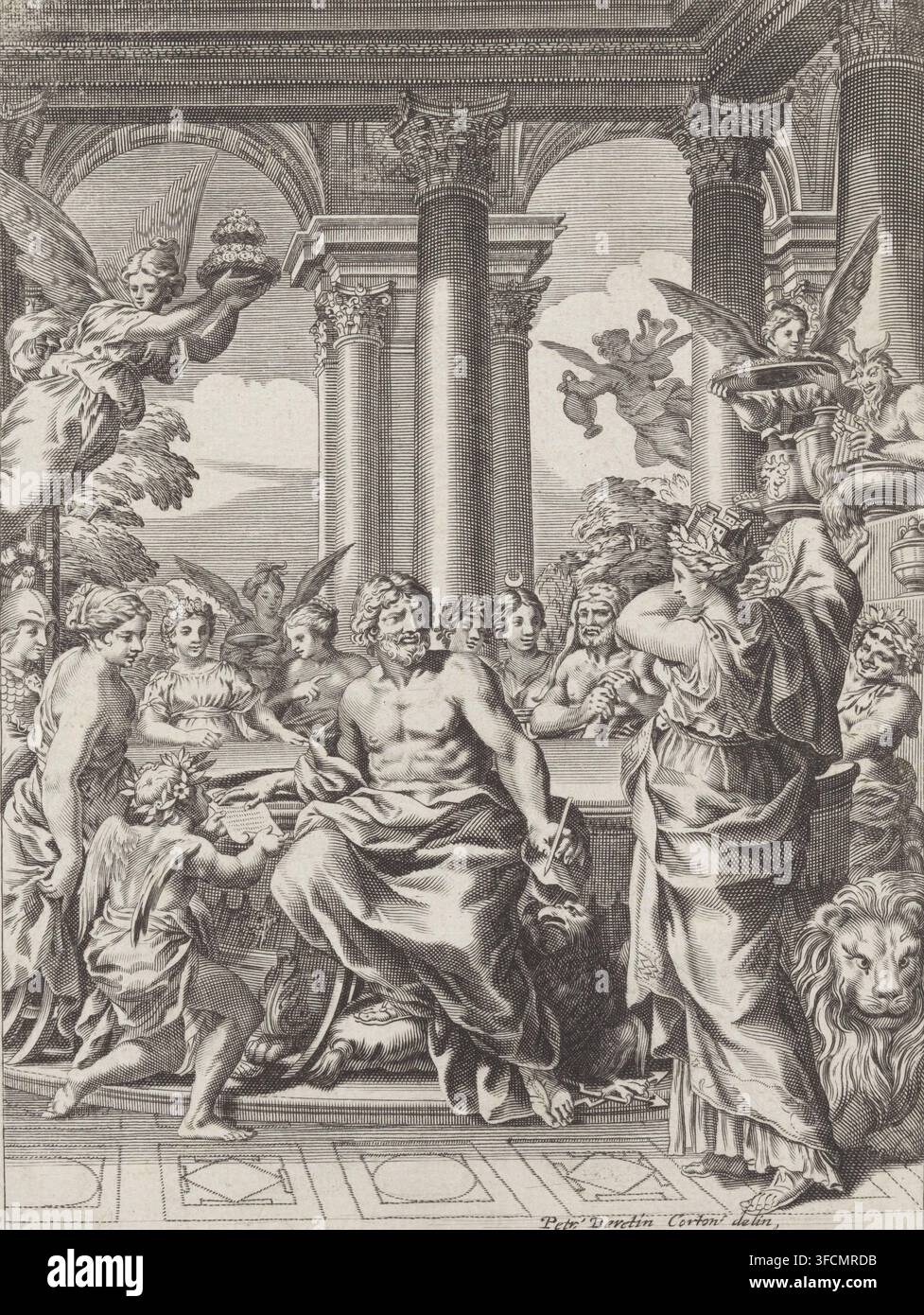Giove e gli dei olimpici intorno a un tavolo, stampa, Vista in un tempio con Giove e gli dei olimpici che banchettano a un grande tavolo. Figure alate portano anfore di bevande e ciotole di cibo avanti e indietro., Italia, dopo una stampa di Johann Friedrich Greuter, dopo un disegno di Pietro da Cortona, Città del Vaticano, editore: Pier'Antonio Facciotti, Roma, dopo il 1633, Johann Friedrich Greuter, Pietro da Cortona, Pier'Antonio Facciotti, incisore, dopo stampa di, carta, incisione, altezza 212 mm x larghezza 147 mm, pasto di festa, banchetto, i dei olimpici insieme: Giove, Giunone, Nettuno, Cerere, Apollo, Diana, Foto Stock