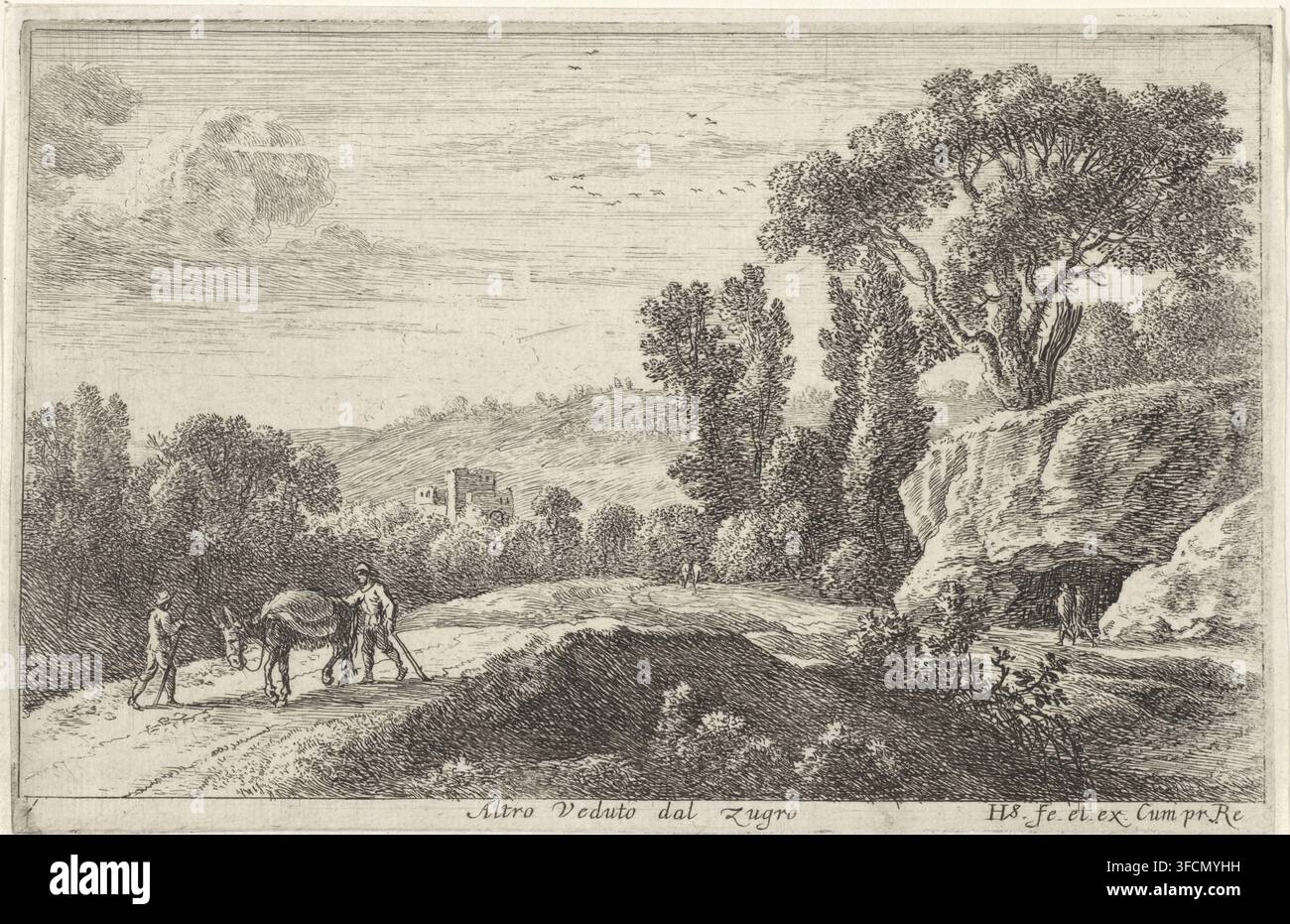 Altro Veduto dal Zugro, Tweede uitzicht op Zugro, Diverses veuës dedans et dehors de Rome, Pagina del titolo e dodici vedute di Roma e dintorni, stampa, Su un sentiero lungo una grotta si vedono diversi escursionisti accompagnati da un asino. In lontananza si trova un edificio fortificato in un paesaggio collinare., incisore: Herman van Swanevelt, Parigi, concedente del privilegio: Luigi XIV (re di Francia), 1652 - 1653, carta, incisione all'acquaforte, altezza 116 mm x larghezza 181 mm, paesaggi, abitazioni rurali, ad esempio villa di campagna, cottage, mulo, animali, grotta, Roma., Un paesaggio monocromatico dettagliato mostra un sentiero sterrato sinuoso Foto Stock