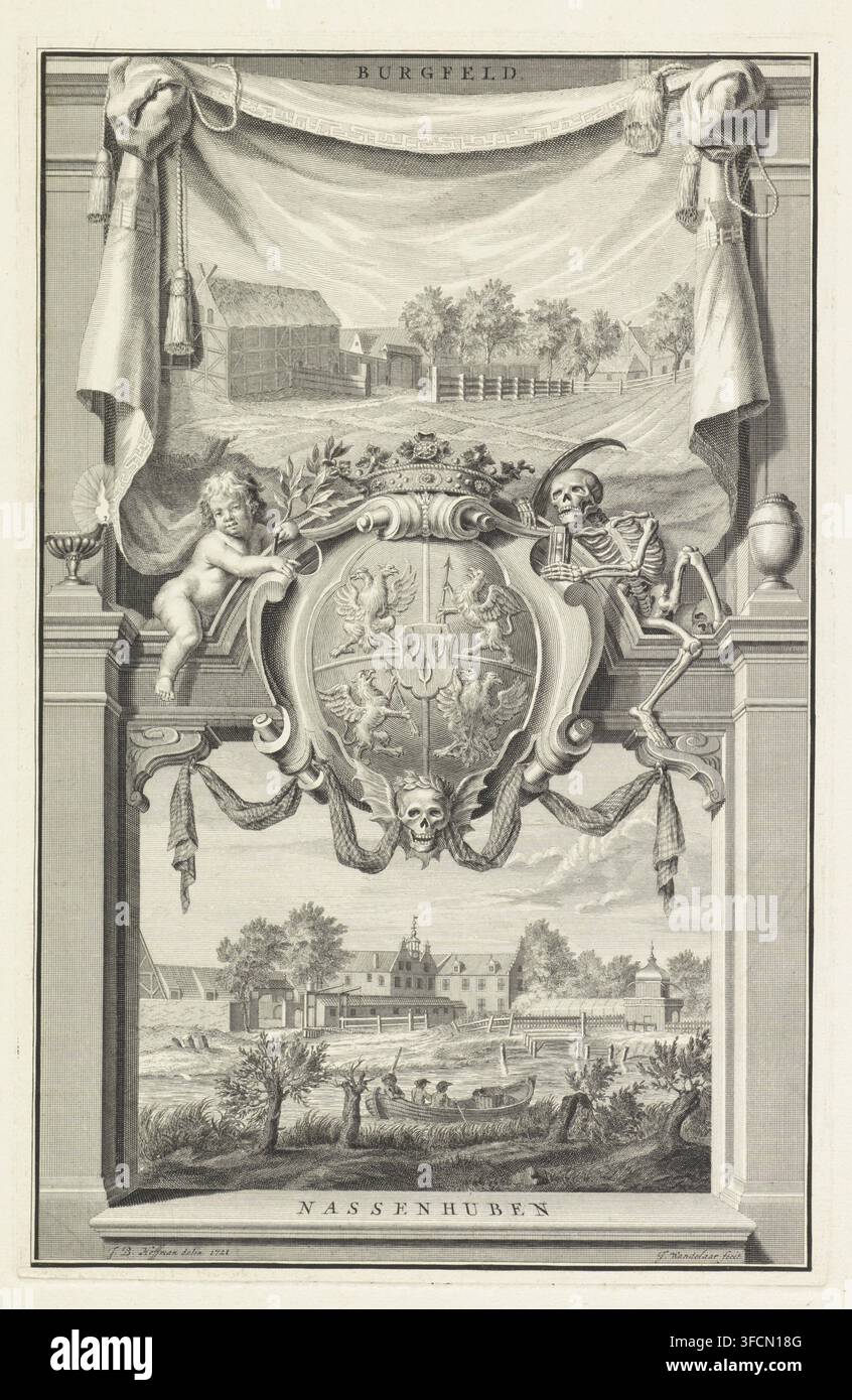 Viste di Burgfeld e Nassenhuben, stampa. In alto è una vista della tenuta di campagna di Burgfeld e in basso una vista della tenuta di campagna polacca Nassenhuben. Al centro c'è uno stemma (familiare) coronato con tre motivi a foglia, due aquile a doppia testa e due grifoni con una freccia. A sinistra si trova un putto con un ramo d'olivo, e a destra è raffigurata la Morte sotto forma di uno scheletro con una falce e un orologio a sabbia. La scena è racchiusa in una cornice architettonica con una tenda a nappe in alto, una lampada a olio a sinistra e un vaso a destra., incisore: Jan Wandelaar, dopo disegno Foto Stock