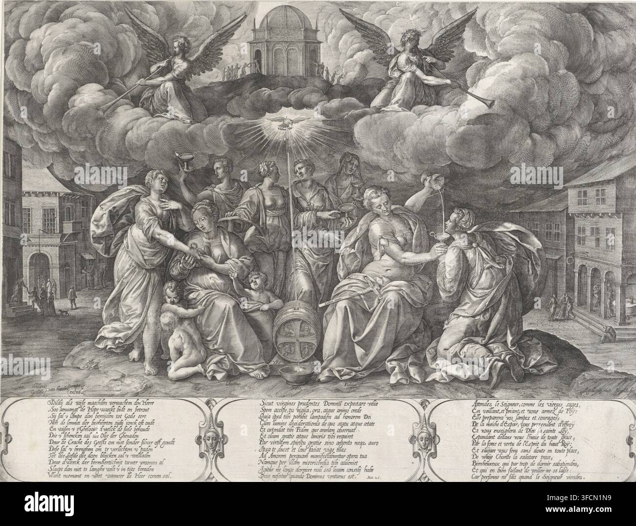 Parabola delle cinque sagge e delle cinque stolte vergini, accompagnate dalle tre virtù divine, stampa, Le cinque vergini sagge sono accompagnate dalle tre virtù divine. L’Amore tiene la mano di una di loro. La Fede svuota la sua coppa nella coppa di una vergine inginocchiata. Al centro, la Speranza. Sopra di loro, lo Spirito Santo sotto forma di colomba. La colomba riempie il recipiente di liquido. Tra le nuvole, due angeli annunciano l’arrivo dello sposo suonando la tromba. Nel tempio in cima, Cristo riceve le cinque vergini sagge. Le cinque vergini stolte sono escluse sul lato destro Foto Stock