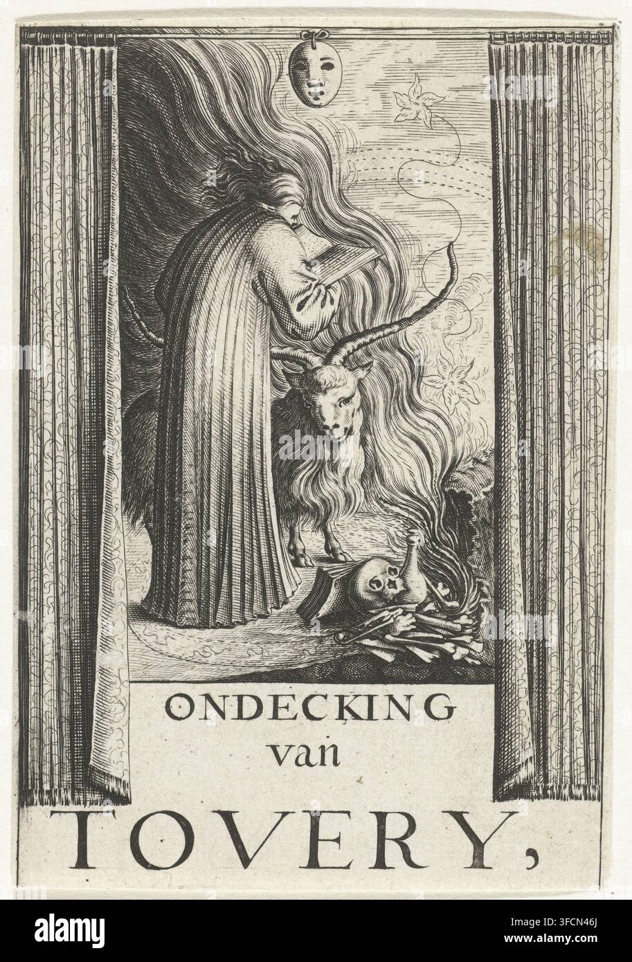 Pagina del titolo per: Ondecking van Tovery, stampa, Pagina del titolo per: Ondecking van Tovery. Un mago chinato con libro, capra, maschera e fuoco, tra tende disegnate. Parte di un gruppo di fogli in connessione con la pubblicazione del libro De betoverde weereld di Balthasar Bekker nel 1691., Paesi Bassi settentrionali, 1638 - 1699, sconosciuto, incisore, carta, incisione, gravura, altezza 112 mm x larghezza 78 mm, Persona, Balthasar Bekker, stregone, mago, incantatore, stregone, Periodo, 1691 - 1692., Un'incisione verticale in bianco e nero mostra una figura in veste vista da dietro, con lunghi capelli fluenti che si fondono in onde Foto Stock