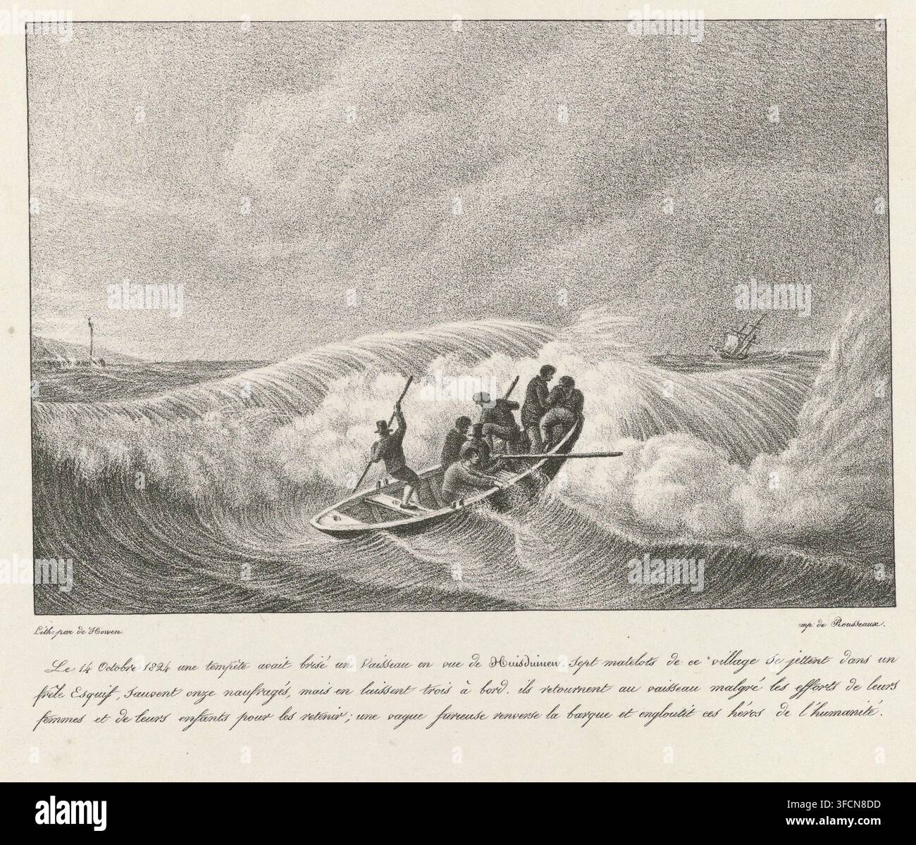 Naufragio dei sette marinai di Huisduinen, 1824, Le 14 Octobre 1824 une tempête avait brisé un vaisseau en vue de Huisduinen, stampa, Tragico naufragio dei sette marinai di Huisduinen che, dopo aver salvato undici naufraghi con la loro piccola barca, periscono loro stessi durante il loro secondo tentativo di salvare ulteriori naufraghi, 14 ottobre 1824. La scialuppa con i sette uomini in mare tra alte onde., incisore: Otto Baron Howen, Paesi Bassi, stampatore (persona): Rousseaux, stampatore (persona), carta, litografia, lithografie, altezza 283 mm x larghezza 358 mm, naufragio, tempesta a Foto Stock