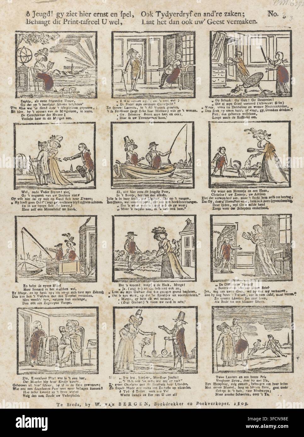 O Gioventù! Vedi qui serietà e gioco, Se questa tavola da stampa ti piace, stampa, stampa popolare, Foglio con dodici rappresentazioni di ogni tipo di divertimenti. Sotto ogni immagine un verso di sei linee. Numerato in alto a destra: No. 3. 1809., stampatore, Paesi Bassi, Breda, carta, xilografia, stampa a caratteri, colore, xilografia con testo a stampa a caratteri, colorata, altezza 425 mm x larghezza 334 mm., Un foglio diviso in una griglia di piccole illustrazioni incorniciate in xilografia bianco e nero che mostrano varie scene con persone; le immagini raffigurano uomini e donne in abiti d'epoca impegnati in attività come la lettura, la passeggiata, Foto Stock