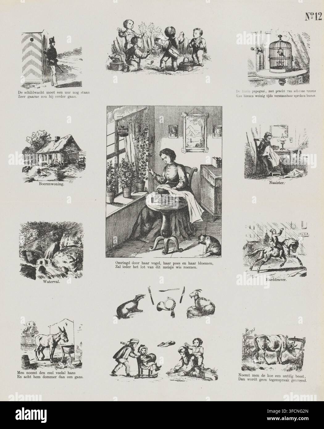 Varie scene, stampe di Meijer, stampa, stampa popolare, numero di serie, 12, 96, Foglio con 12 rappresentazioni di vari tipi, tra cui una sentinella, bambini che giocano e una sarta. Una didascalia sotto alcune immagini. Numerato in alto a destra: No. 12., editore: De Ruyter & Meijer, Amsterdam, 1873, De Ruyter & Meijer, editore, incisore, carta, litografia, stampa a caratteri tipografici, litografia e testo a stampa tipografica, altezza 425 mm x larghezza 343 mm, giochi e rappresentazioni per bambini, servizio di guardia, mantenere la sentinella, animali, artigianato e industrie., Un foglio con più piccole illustrazioni incise in bianco e nero disposte Foto Stock