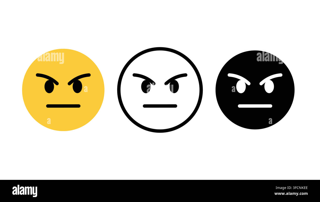 Set di icone di emozioni emoji viso serio arrabbiato silhouette di contorno e colore vettore isolato su sfondo bianco Illustrazione Vettoriale