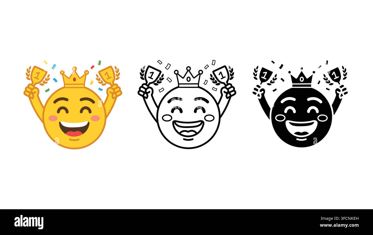 Set di icone emoji di celebrazione della corona del trofeo vincitore silhouette di contorno e colore vettore isolato su sfondo bianco Illustrazione Vettoriale