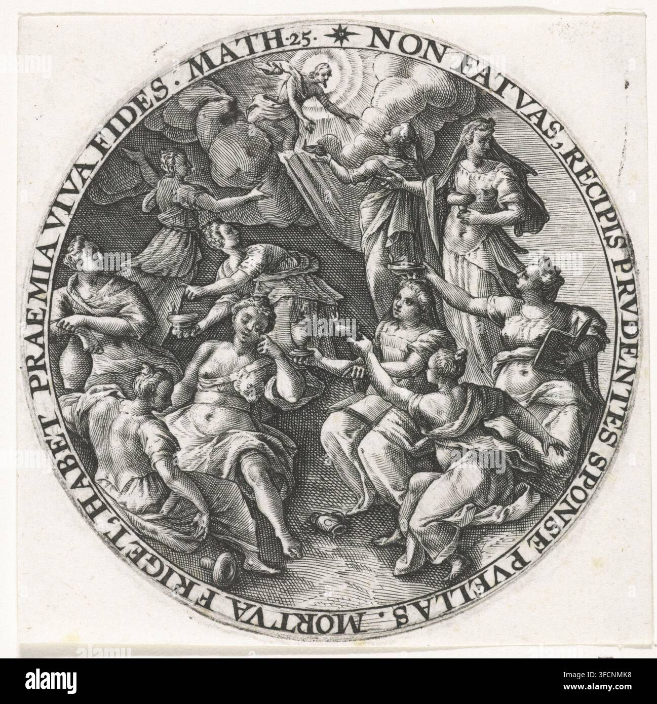 Parabola delle cinque sagge e cinque stolte vergini, Parabolarum Evagelicaru Typi, Parabole di Cristo, stampa, Le cinque sagge e le cinque stolte vergini con le loro lampade ad olio. Le vergini stolte avevano preso le loro lampade, ma non olio extra. Mentre le vergini sagge avevano anche olio in brocche con loro (Matteo 25). Cristo guarda dall’alto dal cielo. L’immagine è racchiusa in una cornice rotonda con un’iscrizione latina intorno al bordo. Stampa di una serie di parabole di Cristo., incisore: Crispijn van de Passe (I), Colonia, 1604, Renania Settentrionale-Vestfalia, carta, incisione, diametro 84 mm, le sagge e le stolte Foto Stock