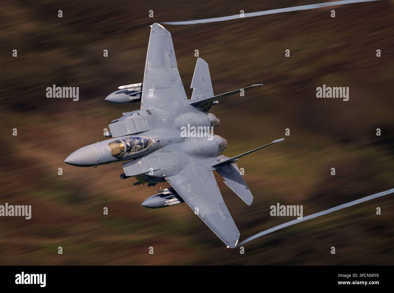 F-15E Strike Eagle dell'USAF in volo a bassa quota durante una missione di aviazione militare in rapido movimento, catturata in una foto d'azione dinamica. Foto Stock