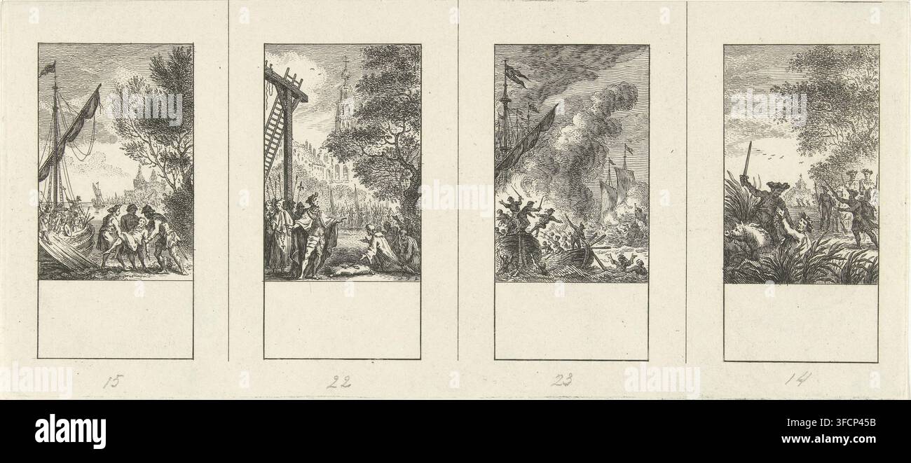 Quattro episodi dalla storia nazionale, Illustrazioni della storia nazionale, stampa, Foglio non tagliato con quattro rappresentazioni della storia nazionale. Da sinistra a destra: William IV, Conte di Olanda, morto a Stavoren, Rivolta del Popolo del Formaggio e del Pane punita da Albrecht III il Coraggioso, Battaglia navale guidata da Grote Pier, Gerard van Velsen assassina Floris V, Conte di Olanda e Zelanda., numero: '15, 22, 23, 14', incisore: Simon Fokke, Amsterdam, 1722 - 1784, carta, incisione, incisione su foglio non tagliato, prova, altezza 112 mm x larghezza 252 mm, Persona, Gerard van Velzen, Albrecht il Coraggioso (Duca di Foto Stock