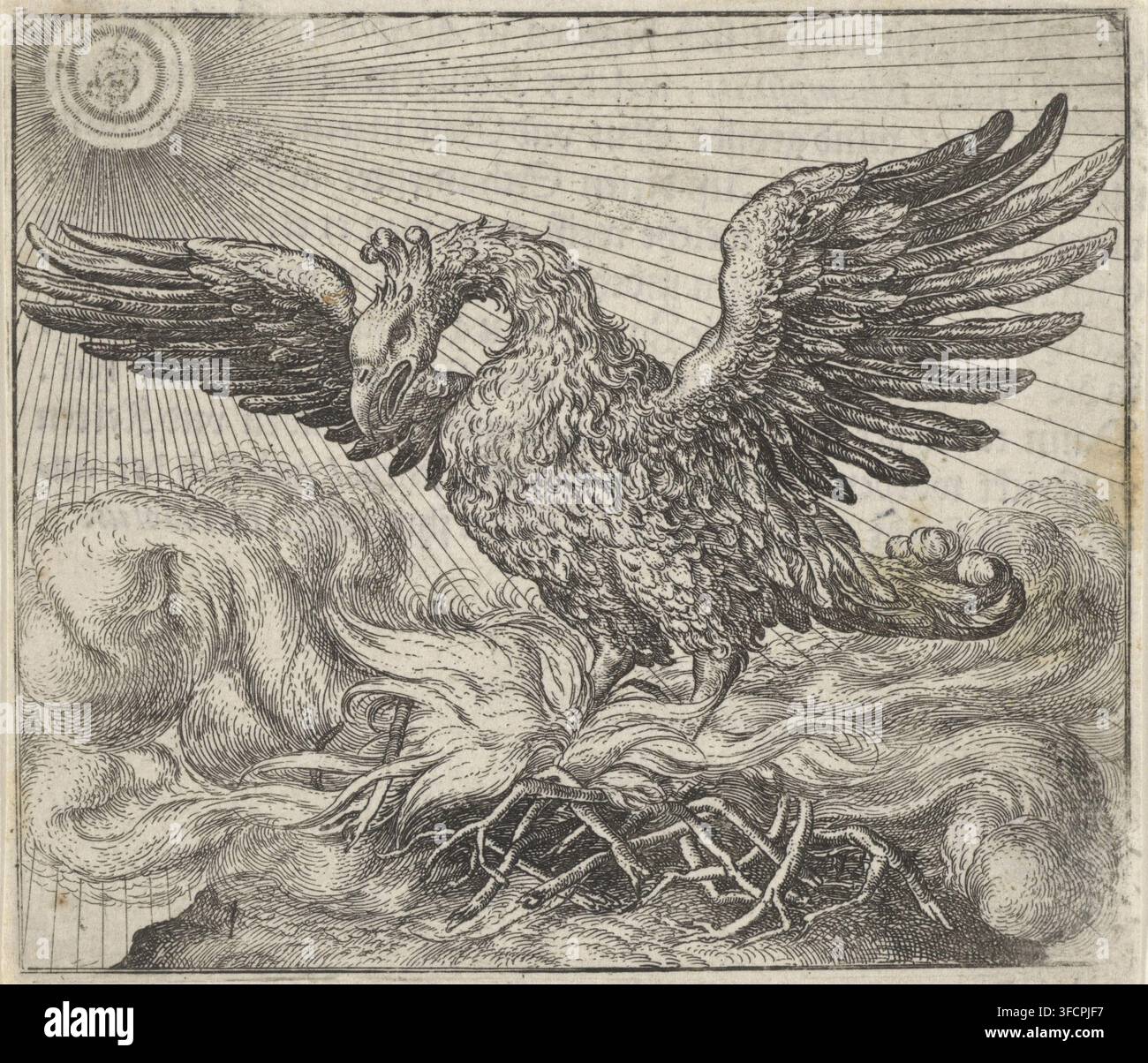 La Favola del Fenice, stampa, illustrazione per libro, Una fenice in fiamme in un nido. La favola racconta come la fenice va in fiamme alla fine della sua vita, per risorgere dalle sue ceneri. La morale della storia insegna che le persone onorevoli sono paragonabili alla fenice. Le loro azioni ispirano gli altri a intraprendere lo stesso percorso virtuoso., incisore: Aegidius Sadeler (II), Praga, dopo stampa di Marcus Gheeraerts (I), dopo disegno di Marcus Gheeraerts (I), 1608, dopo stampa di, carta, incisione, bulino, stampa a lettera, incisione e bulino, stampa a lettera, altezza 96 mm x larghezza 112 mm, favole, ( Foto Stock