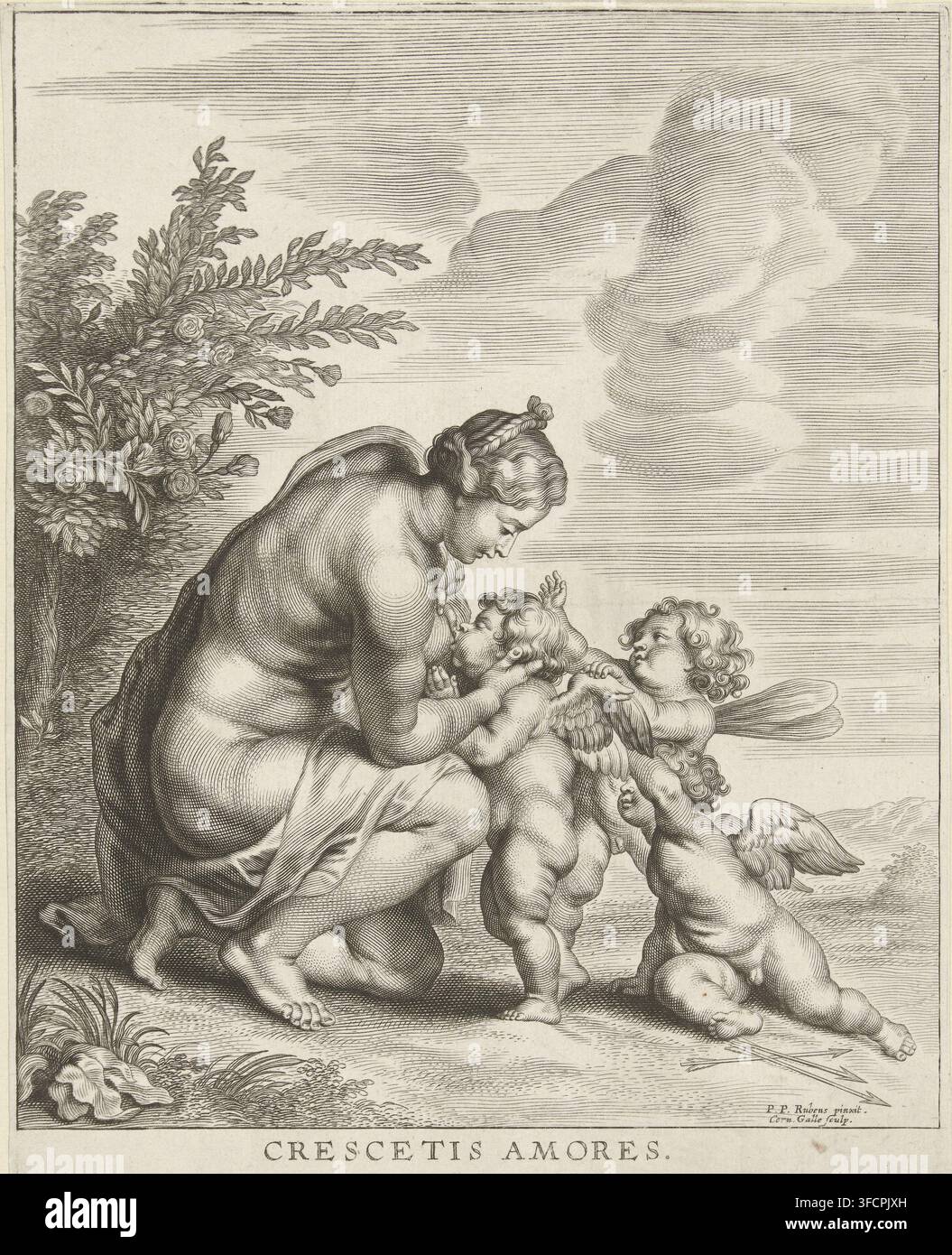 Crescetis Amores, Venere allatta tre Amori, stampa, Venere inginocchiata a terra allatta Amore. Altri due putti, uno con ali e l'altro con ali di libellula, aspettano in fila per essere anch'essi allattati., incisore: Cornelis Galle (II), Anversa, Paesi Bassi del Sud, dopo un dipinto di Peter Paul Rubens, c. 1610 - c. 1678, carta, incisione, altezza 218 mm x larghezza 173 mm, Venere che allatta Cupido., Una figura adulta seduta con un drappo intorno alla parte inferiore del corpo si sporge in avanti verso un gruppo di neonati paffuti e alati; l'adulta ha i capelli raccolti e una mano che sostiene un neonato che tende la mano verso l'alto, Foto Stock