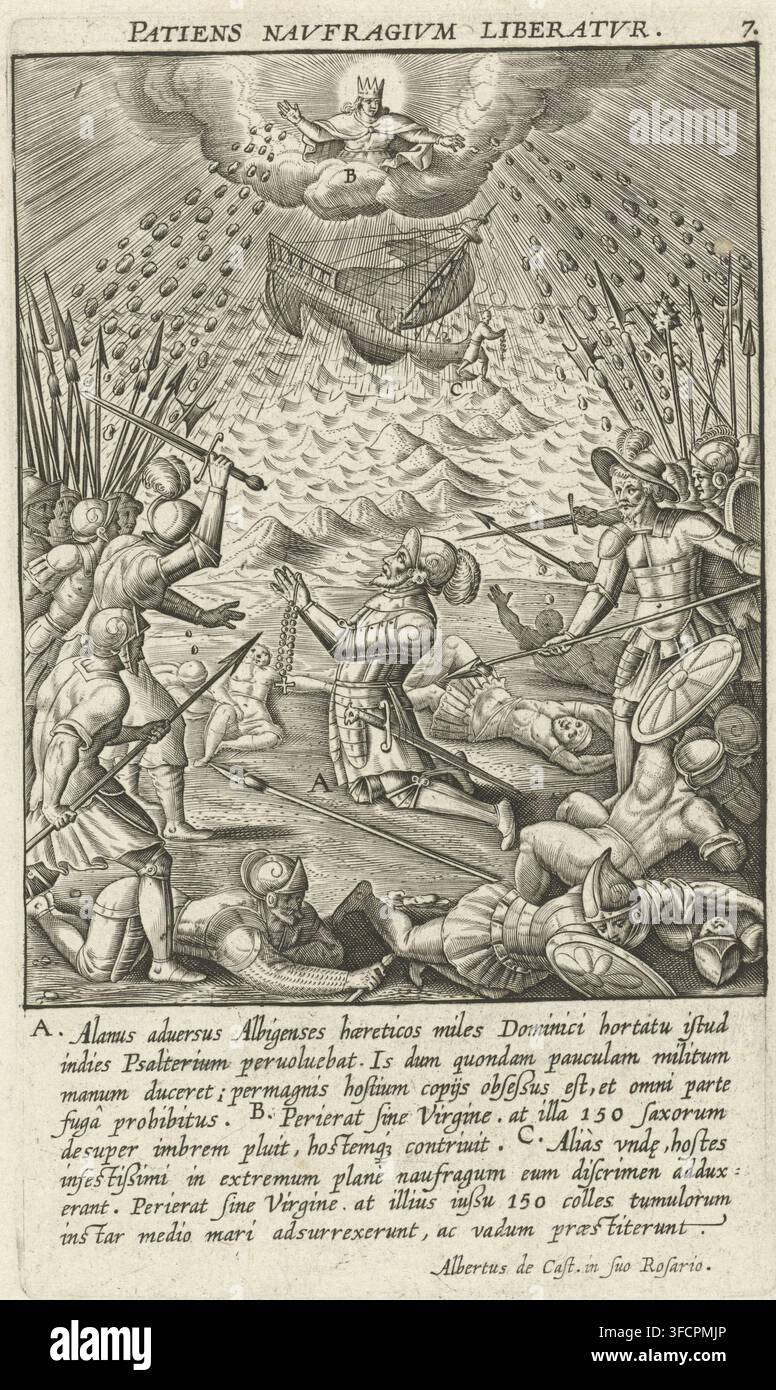 Patiens Navfragivm liberatvr, Miracolo durante la battaglia di Muret, Quindici miracoli del rosario, Miracula et Beneficia SS. Rosario, stampa, Numero di serie, 7, 15, Durante la battaglia di Muret (1213), Simon de Montfort prega con il rosario per una vittoria contro l'esercito albigese. La Vergine Maria viene in suo aiuto e lancia pietre contro i soldati eretici. In fondo, un uomo cammina sull'acqua durante una tempesta mentre recita la preghiera con un rosario. La stampa ha una didascalia in latino con una leggenda ed è parte di una serie di quindici sui miracoli del rosario, incisore: attribuito a Foto Stock