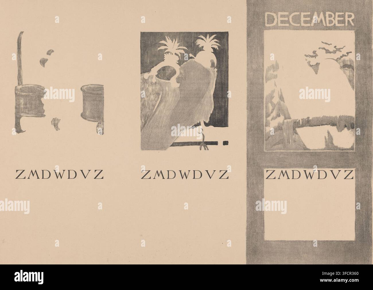Pagine di calendario per agosto, novembre e dicembre, con uccelli, stampa, pagina di calendario, incisore: Theo van Hoytema, 1901, carta, litografia, prova di stampa, altezza 480 mm x larghezza 642 mm, uccelli, calendario, almanacco., Una carta seppia con tre schizzi rettangolari allineati orizzontalmente, il più a sinistra mostra forme ombreggiate scure frammentate che assomigliano a profili parziali e forme cilindriche, il centro contiene un rettangolo incorniciato più scuro con due figure simili a uccelli appollaiati e texture di piume, e il pannello incorniciato più a destra presenta forme astratte più chiare con un bordo verticale e un'area di Foto Stock